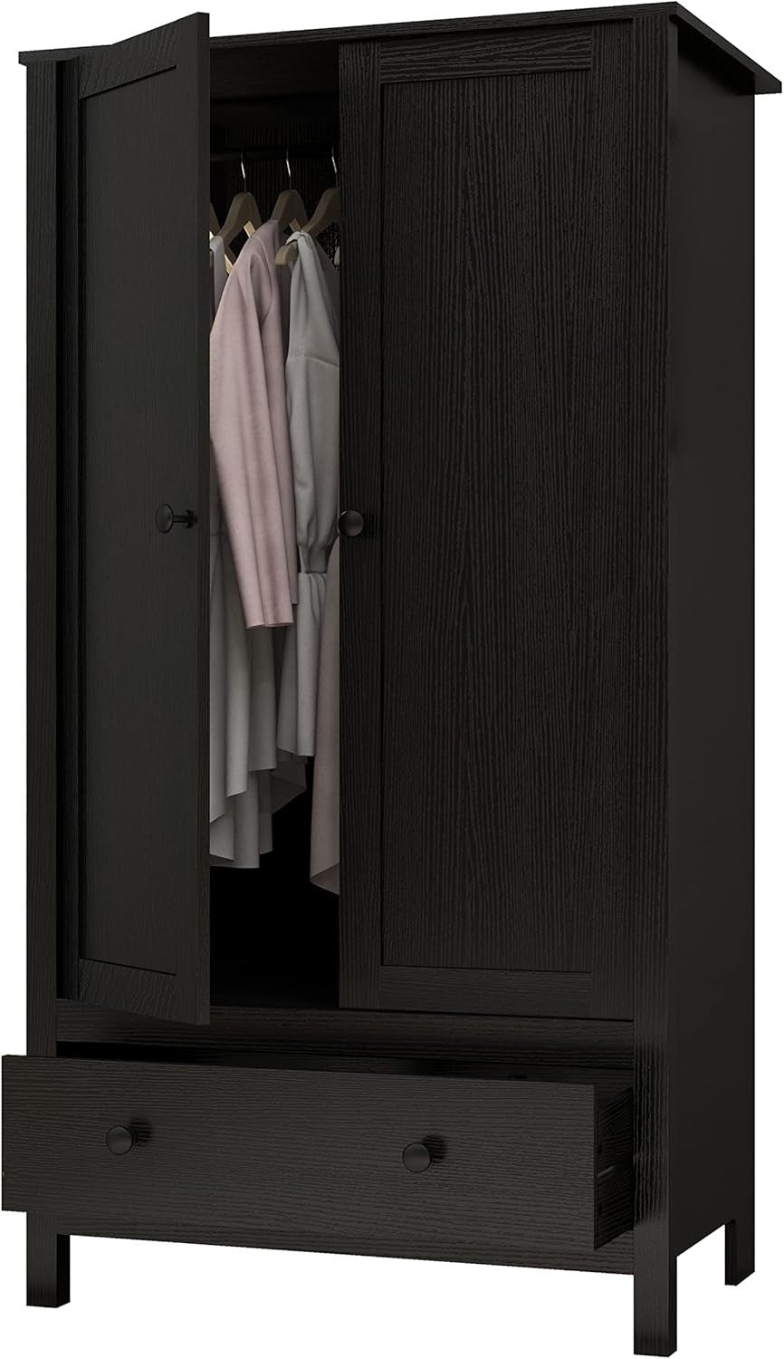 2 Door Wardrobe with Drawer & Storage Shelf – Modern Black Engineered Wood