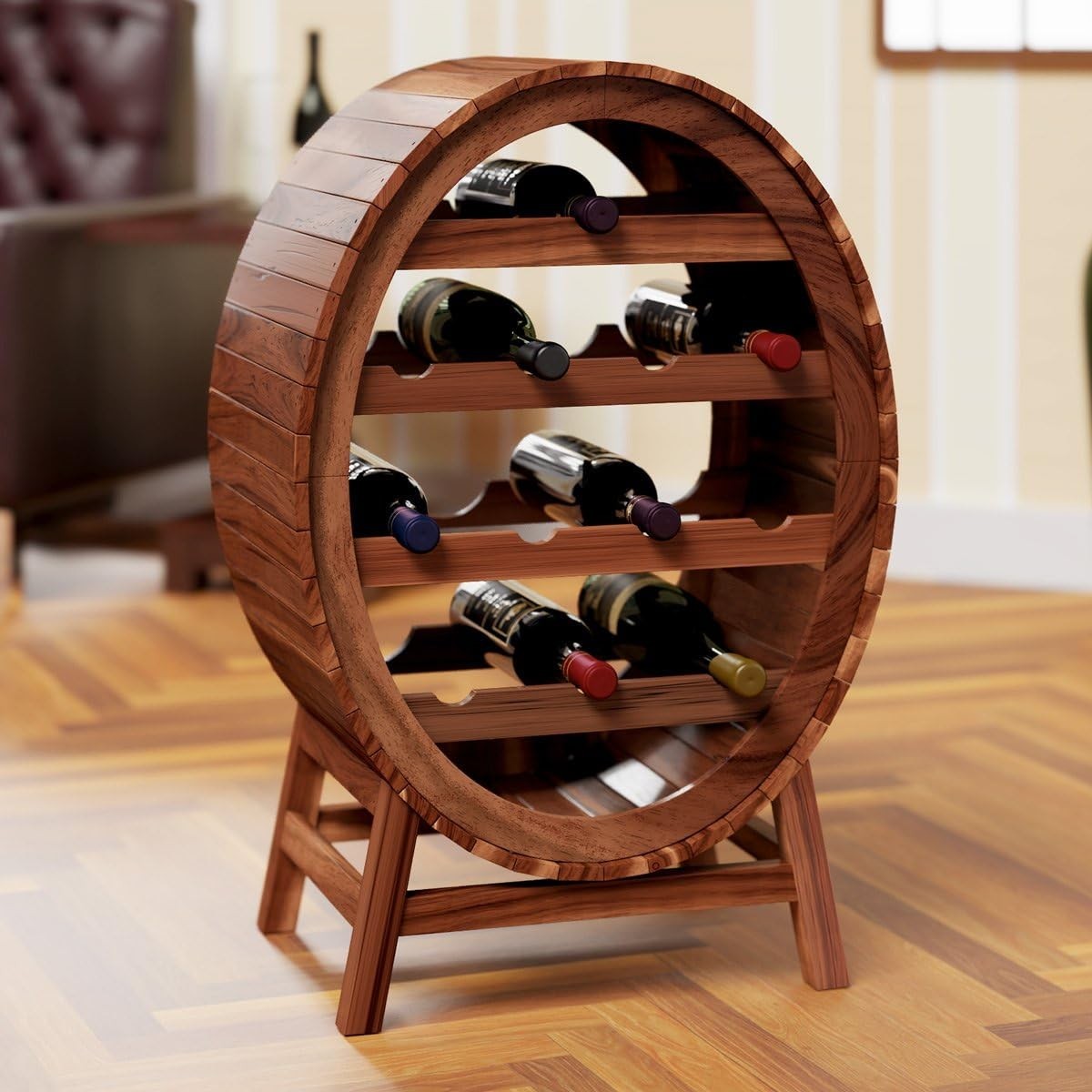 Rustic Barrel Wine Rack Solid Acacia Wood Holds 12 Bottles Floor Standing