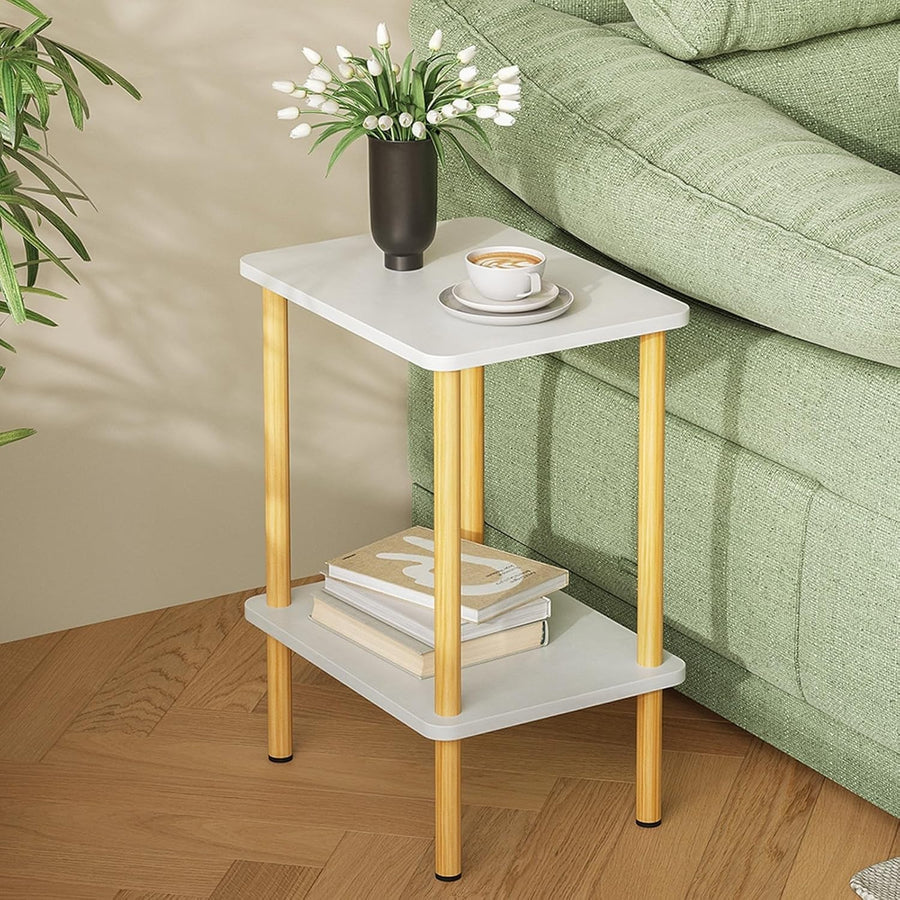 White & Oak Narrow Bedside Table – 2-Tier Side Table with Shelf, No-Tool Setup