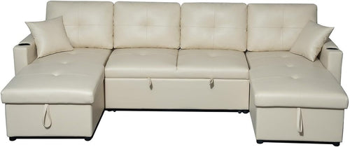 Cream U-Shaped 4 Seater Sofa Bed with Storage Ottoman & Pull-Out Sofa