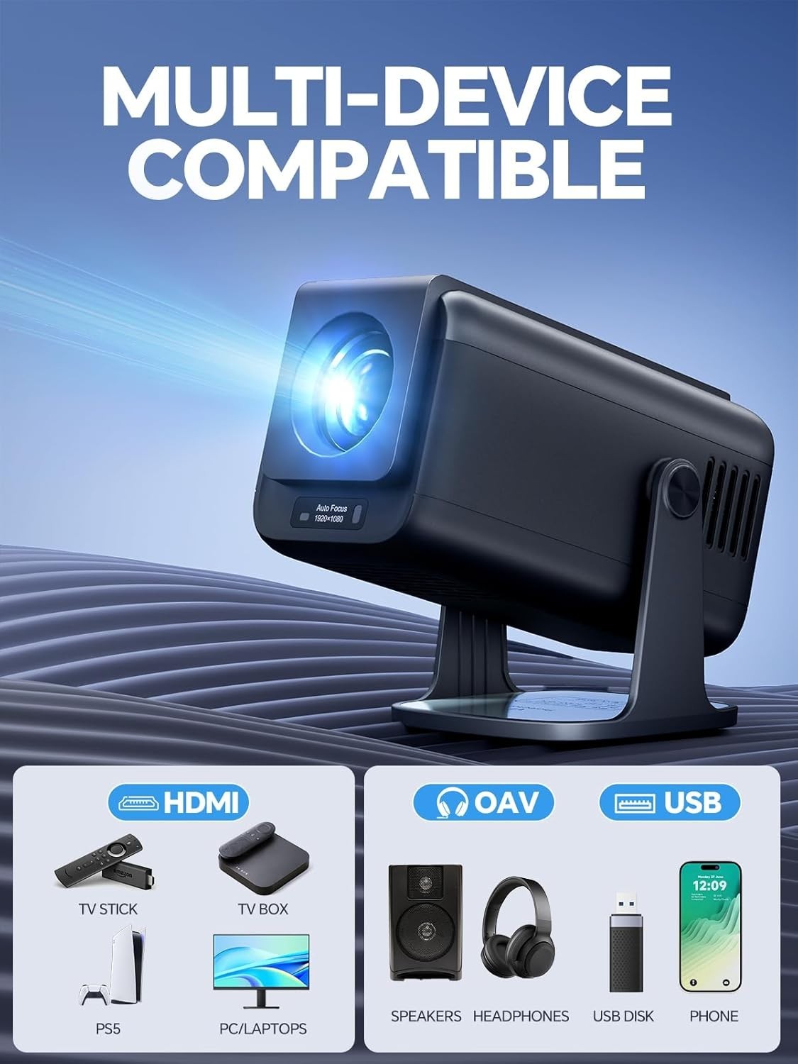 Smart Mini Projector 1080P 4K WiFi 6 Netflix YouTube Auto Focus
