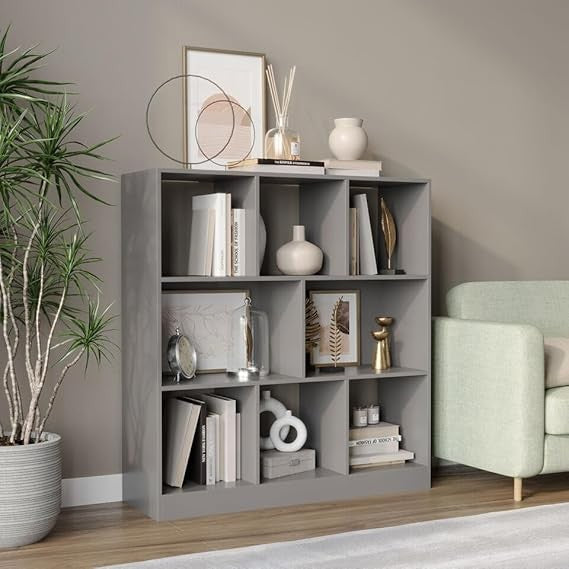 Modern Grey 8-Cube Asymmetrical Bookcase – Freestanding Storage Display Unit