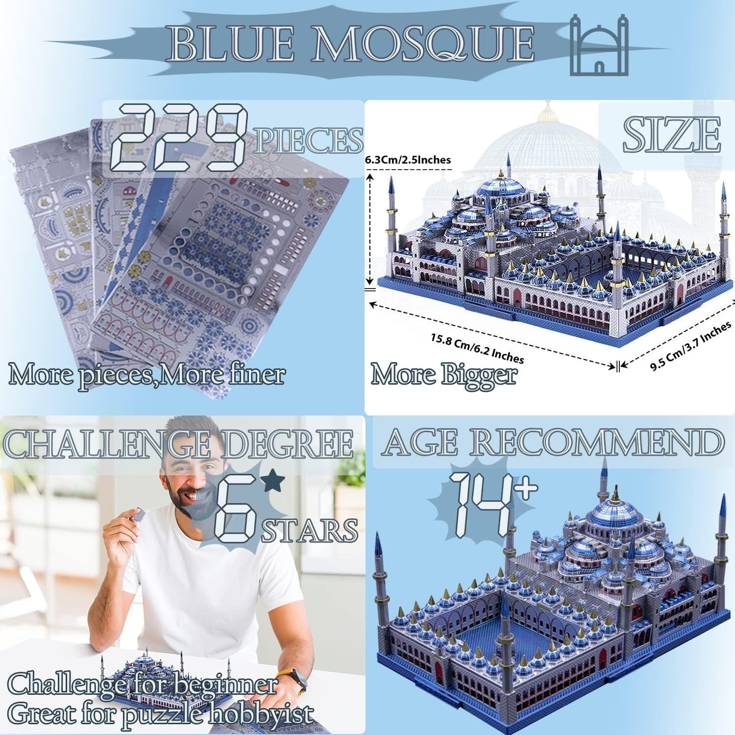 3D Metal Puzzle Mosque Model, DIY Brain Teaser, 229 pcs, Ages 2+