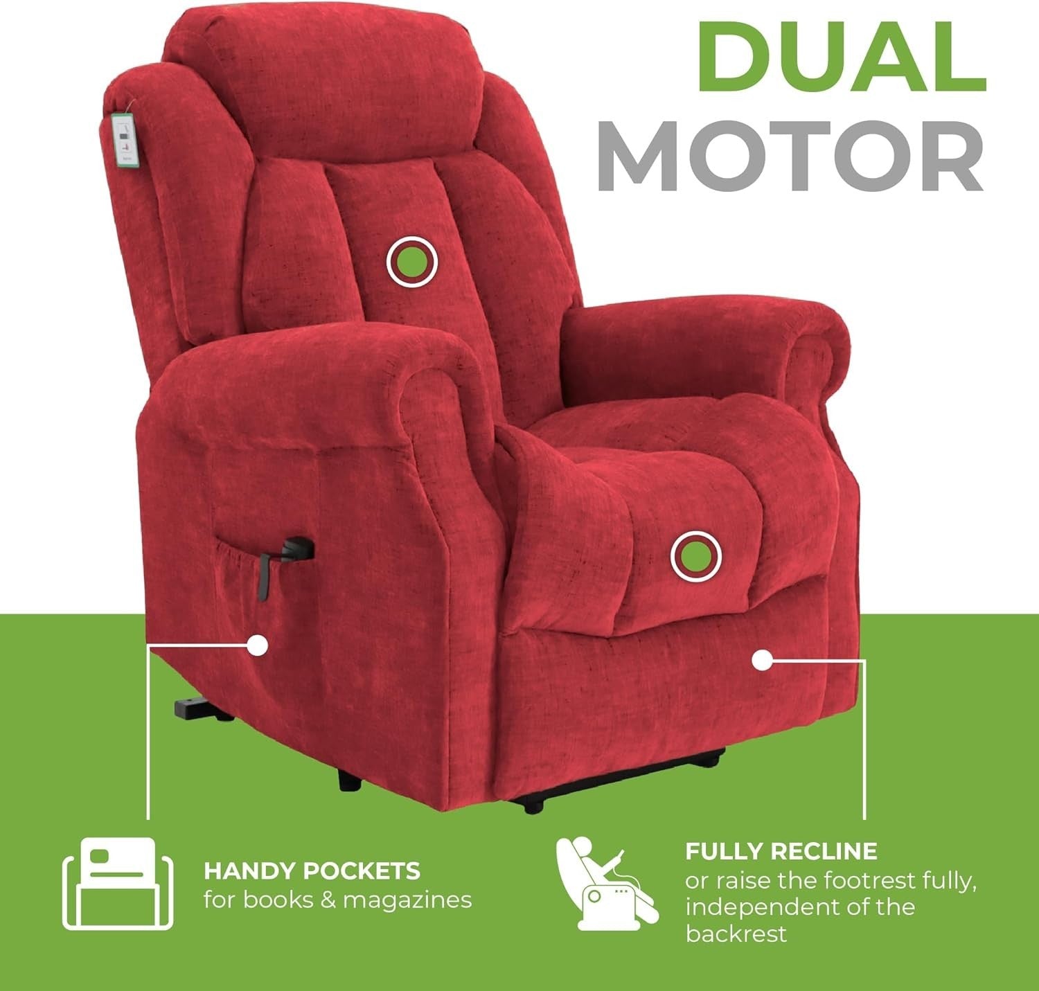 Dual Motor Lift Recliner Chair Heat Massage Fabric Riser Mobility Support Wine