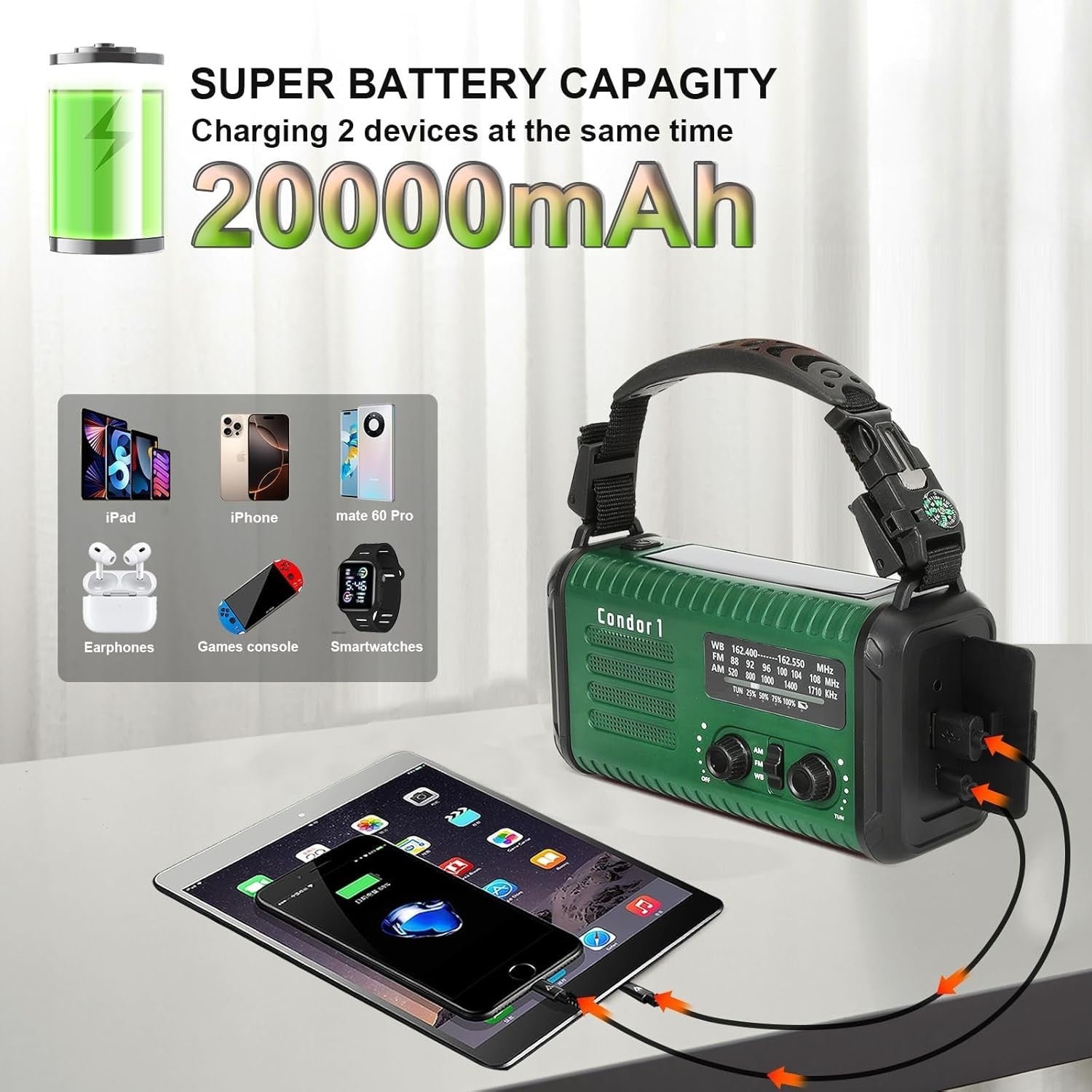 Emergency Solar Hand Crank Radio 20000mAh AM/FM/NOAA Army Green