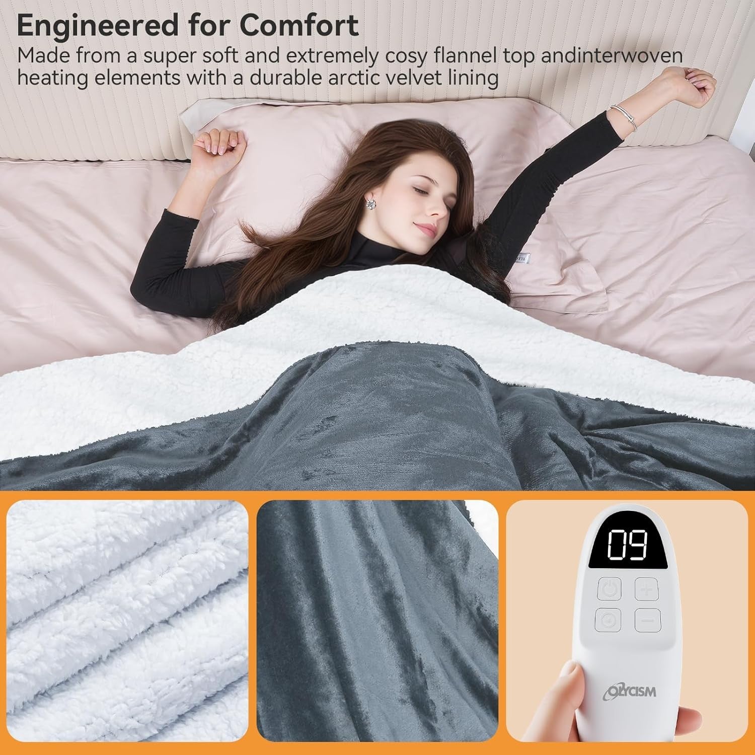 Electric Heated Throw Blanket 180x130cm Auto Shut Off 9 Heat Levels Soft Fleece