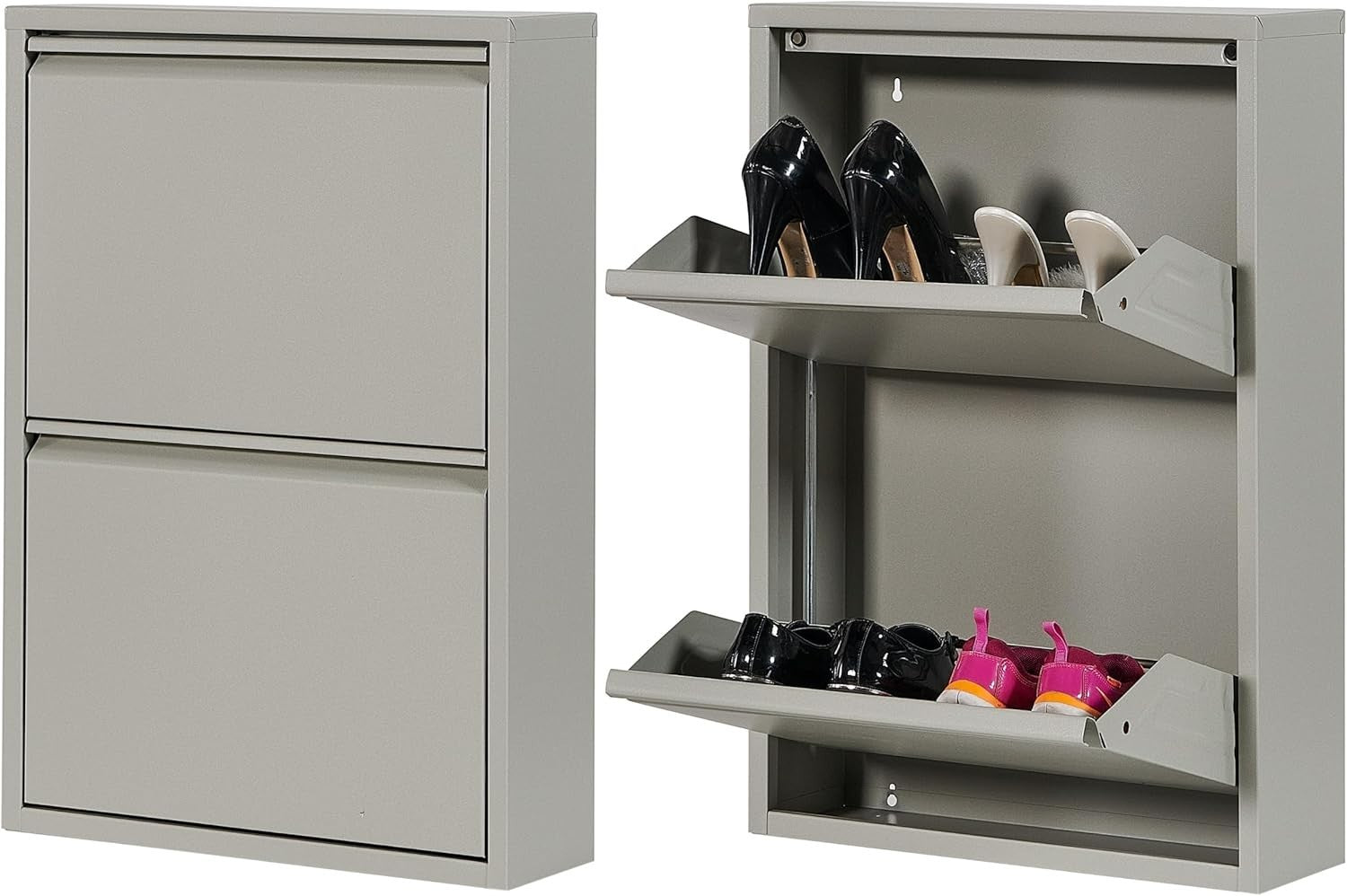 Slim Wall Mounted 2 Drawer Metal Shoe Cabinet Space Saving Organizer Grey