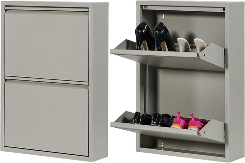 Slim Wall Mounted 2 Drawer Metal Shoe Cabinet Space Saving Organizer Grey