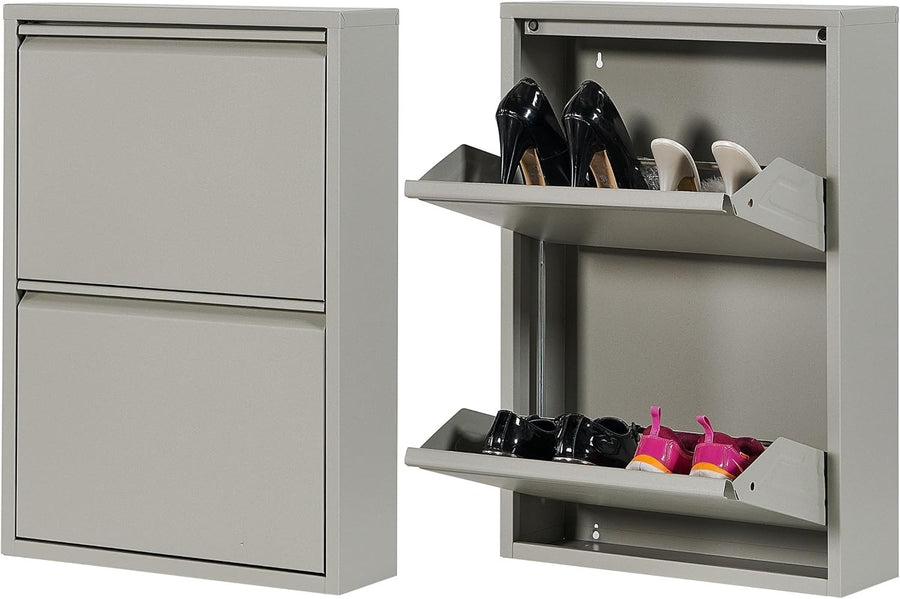 Slim Wall Mounted 2 Drawer Metal Shoe Cabinet Space Saving Organizer Grey