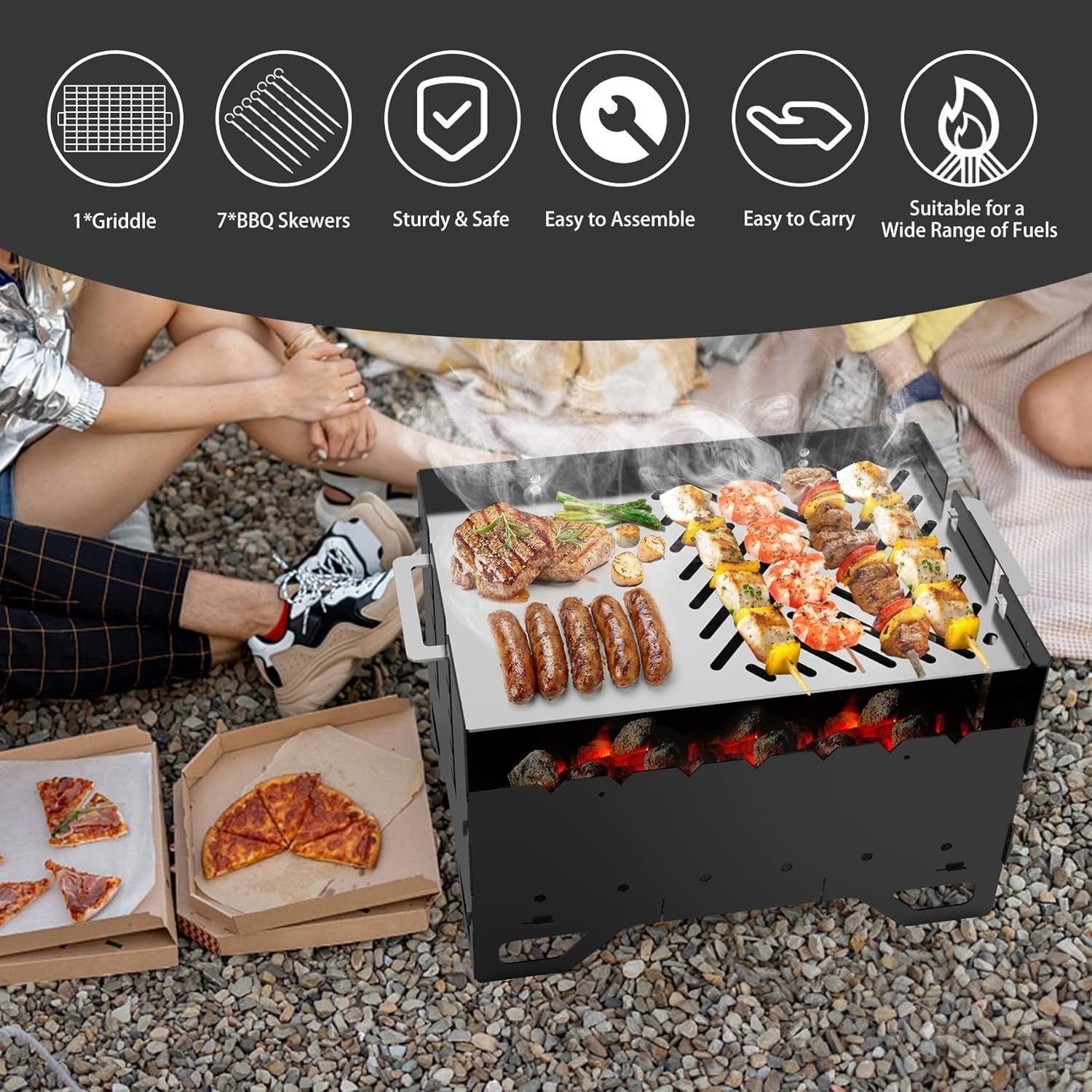 Portable Foldable Charcoal BBQ Grill with Skewers Set – Outdoor Camping Picnic