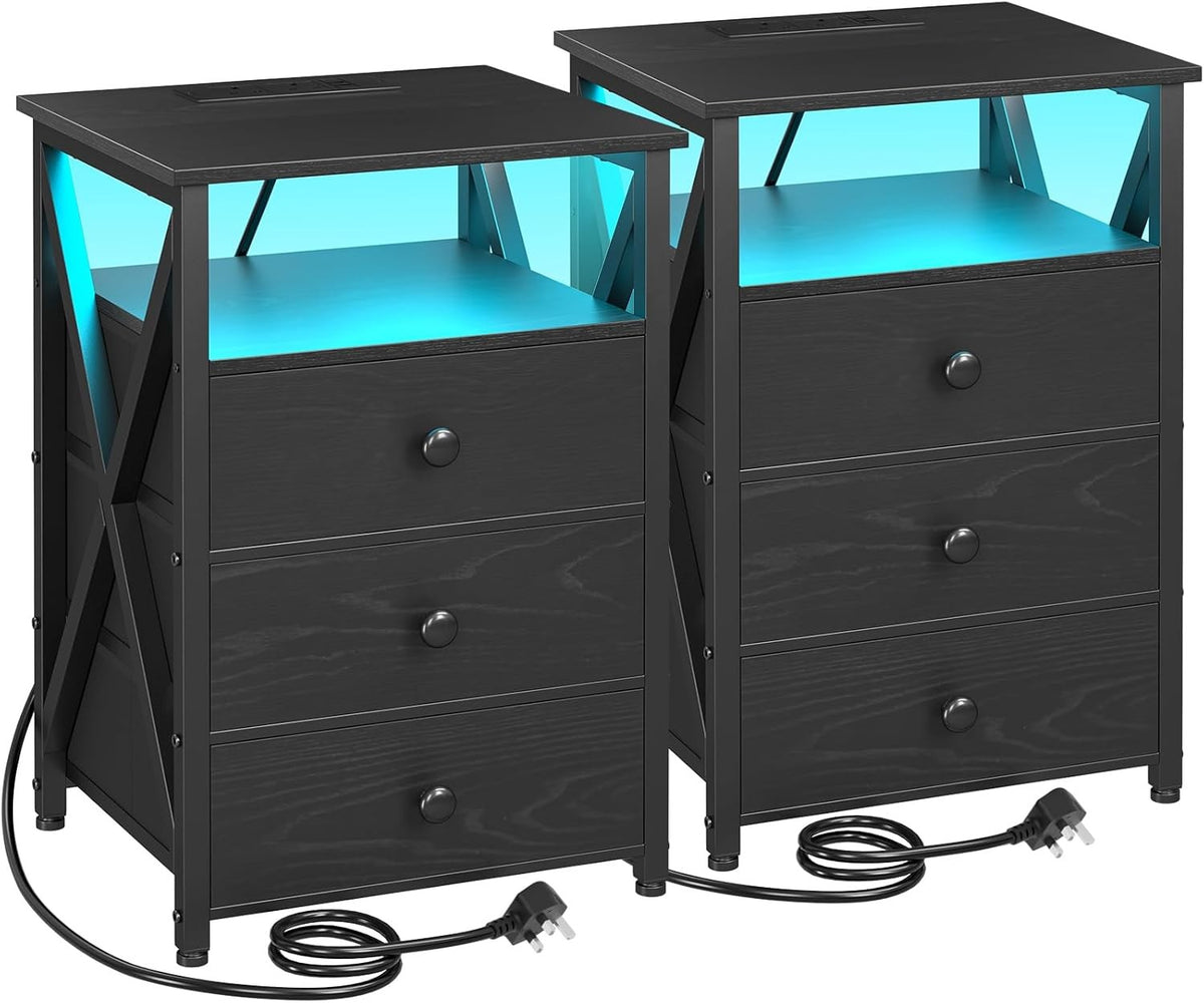 Set of 2 Black LED Bedside Tables with Charging Station & 3 Drawers Modern