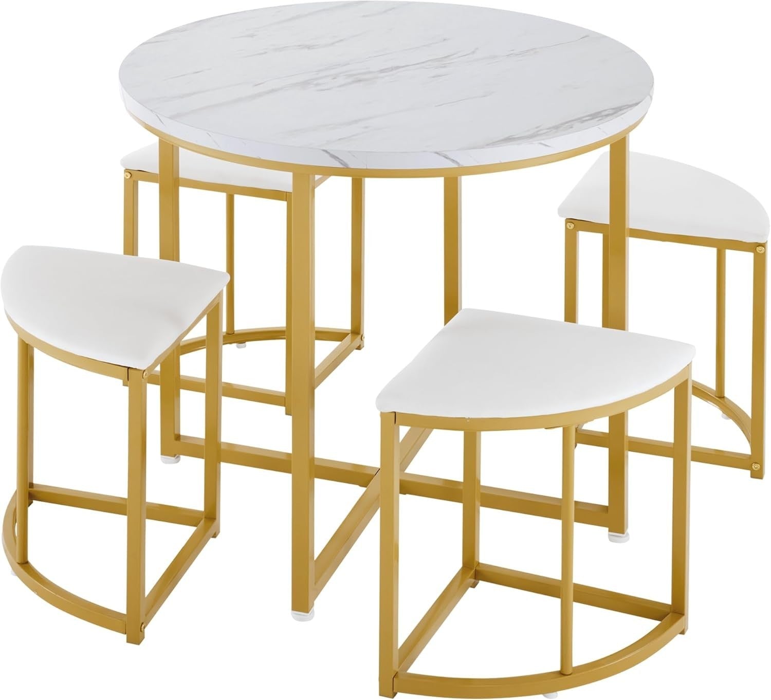 Luxury Gold Dining Table Set 4 Velvet Chairs Round White Modern Compact