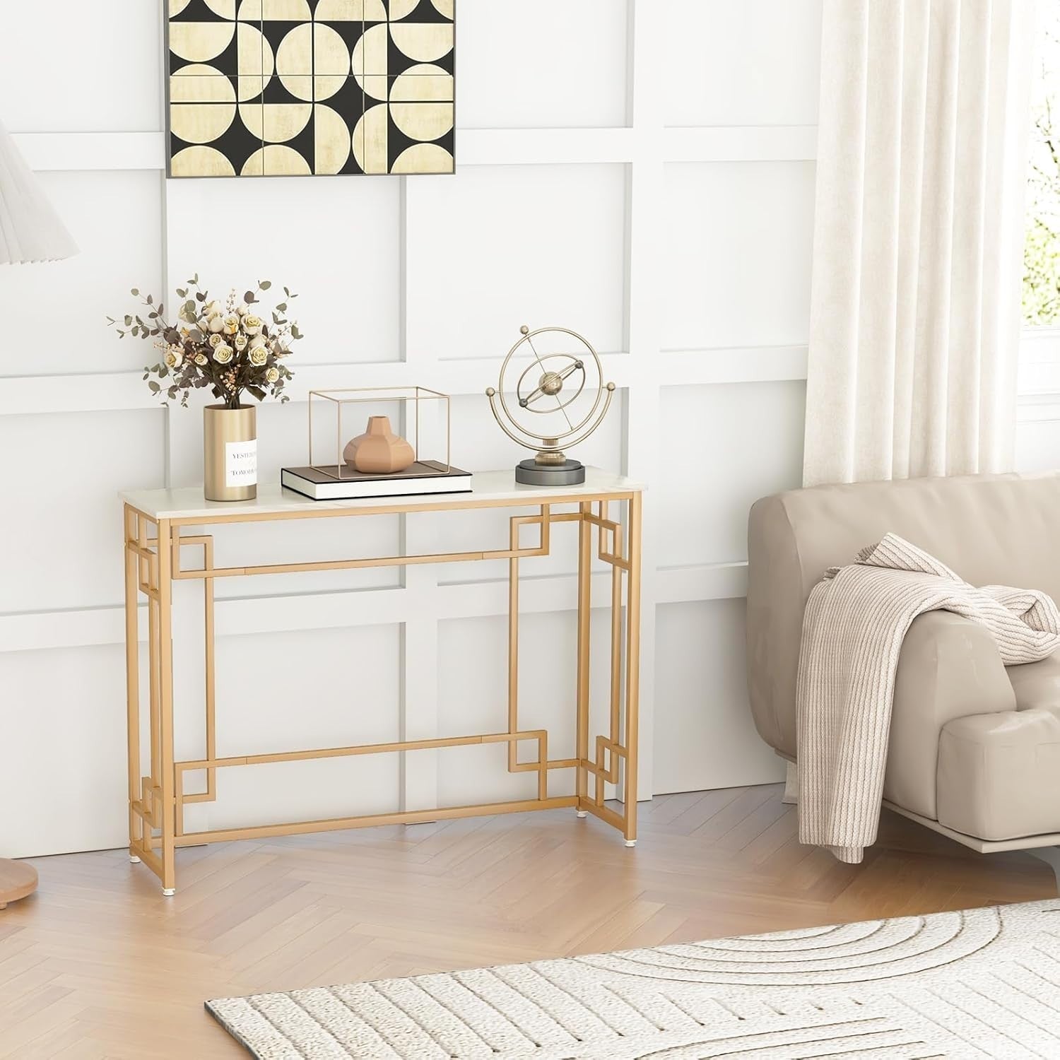 Slim Faux Marble Console Table with Gold Metal Frame – 110cm Wide, Anti-Tip