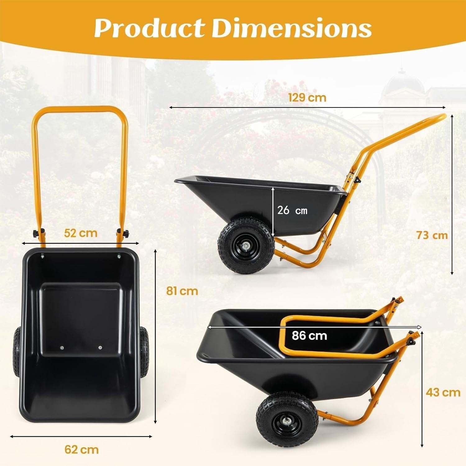 80L 2-Wheel Garden Wheelbarrow Black – Foldable Handle w/ Pneumatic Tyres 100kg