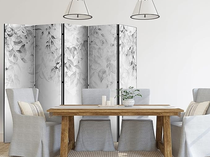 White Leaf 5 Panel Room Divider 225x172cm Double Sided Folding Screen