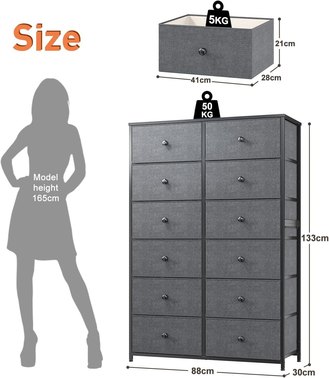 Tall 12 Drawer Chest Light Grey Fabric Storage Cabinet Metal Wood Frame