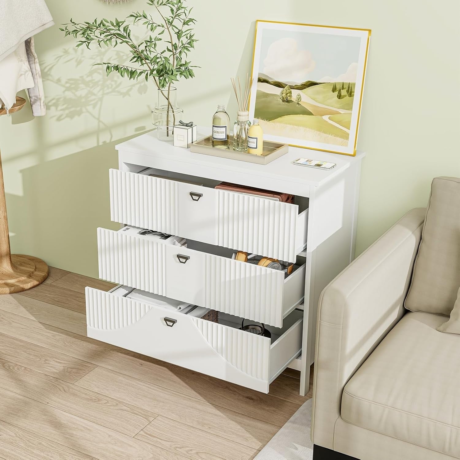 3-Drawer White Wooden Chest Dresser Storage Cabinet for Bedroom & Living Room