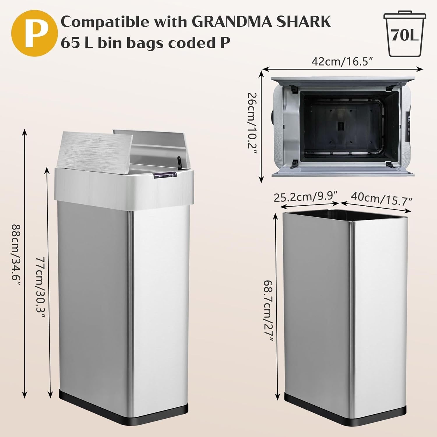 70L Touchless Sensor Bin Stainless Steel Soft Close