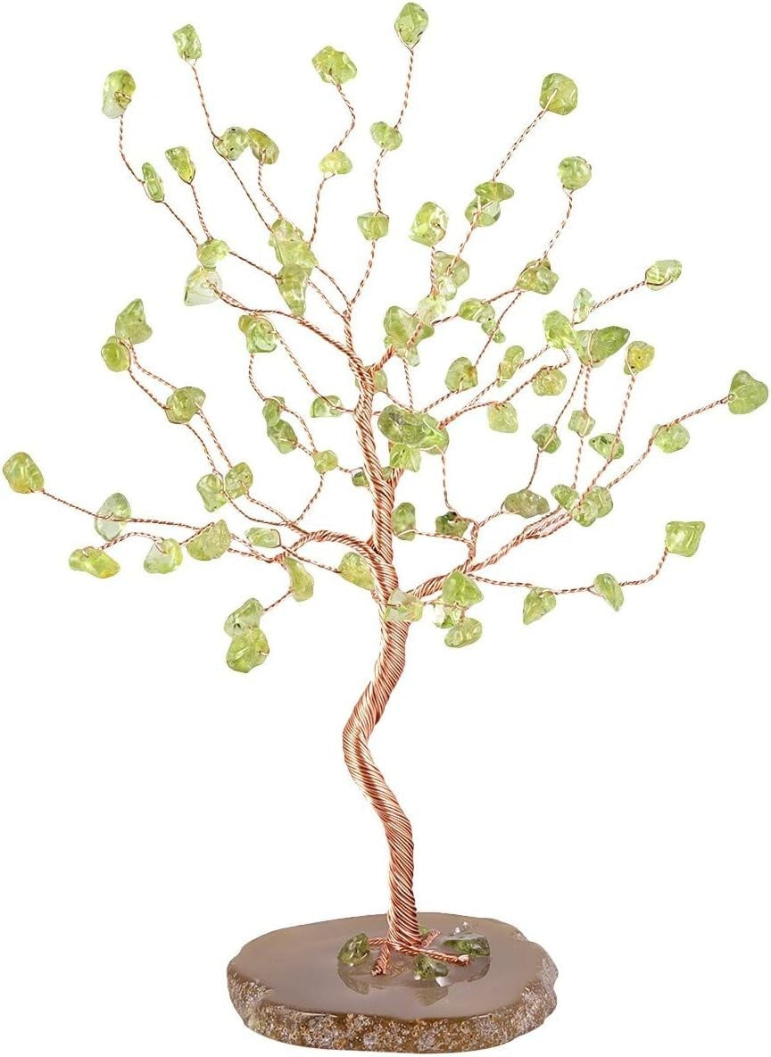 Peridot Crystal Money Tree Feng Shui Gemstone Willow Decor on Agate Slice Gift
