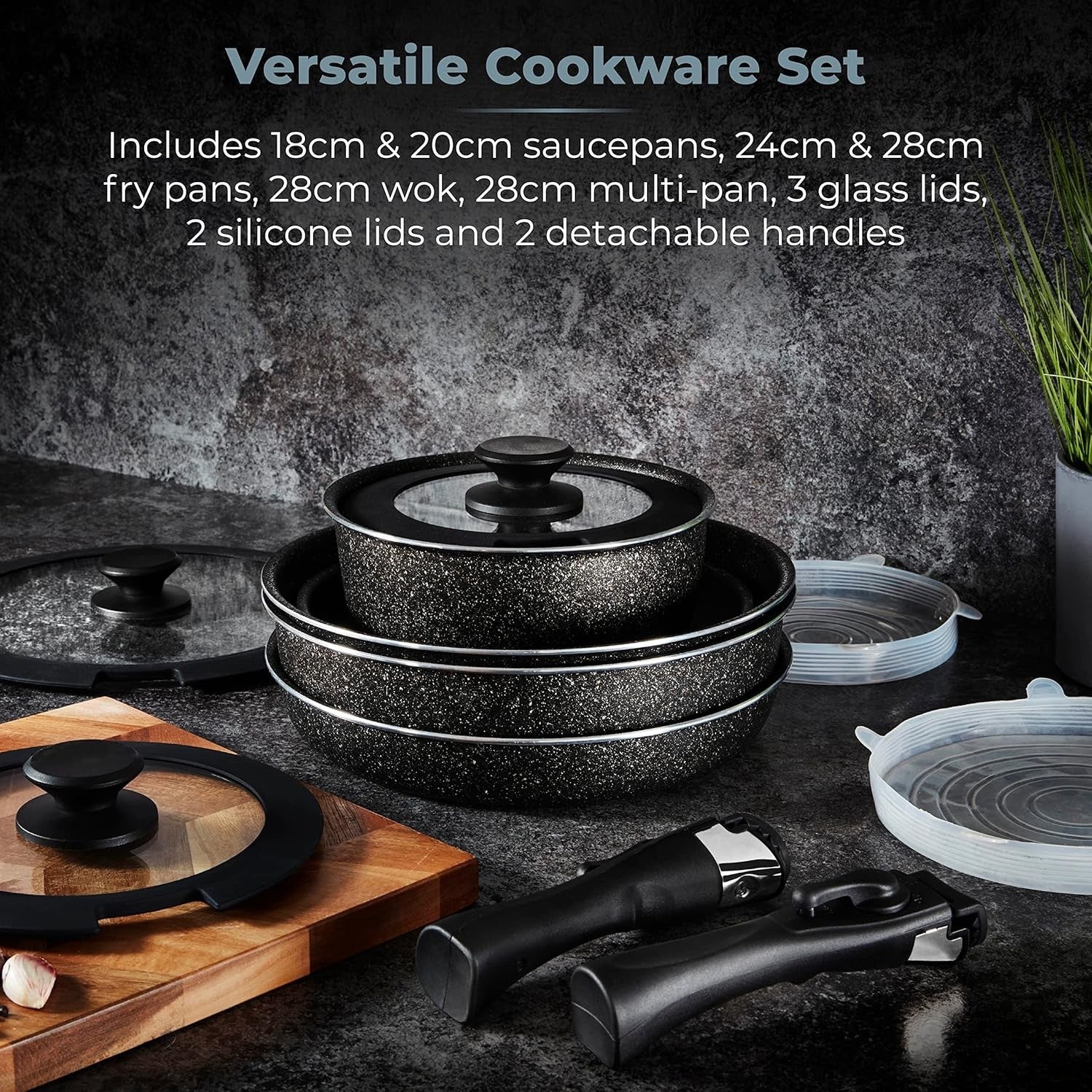 13pcs Black Non Stick Cookware Set  Stackable Pans with Detachable Handle