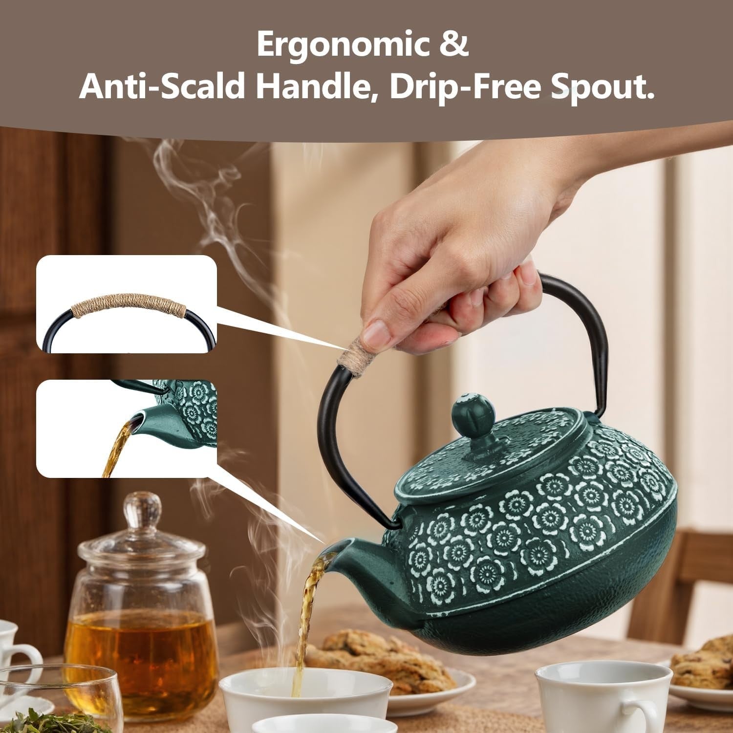 Cast Iron Teapot 900ml Japanese Tetsubin Tea Kettle w Infuser Green