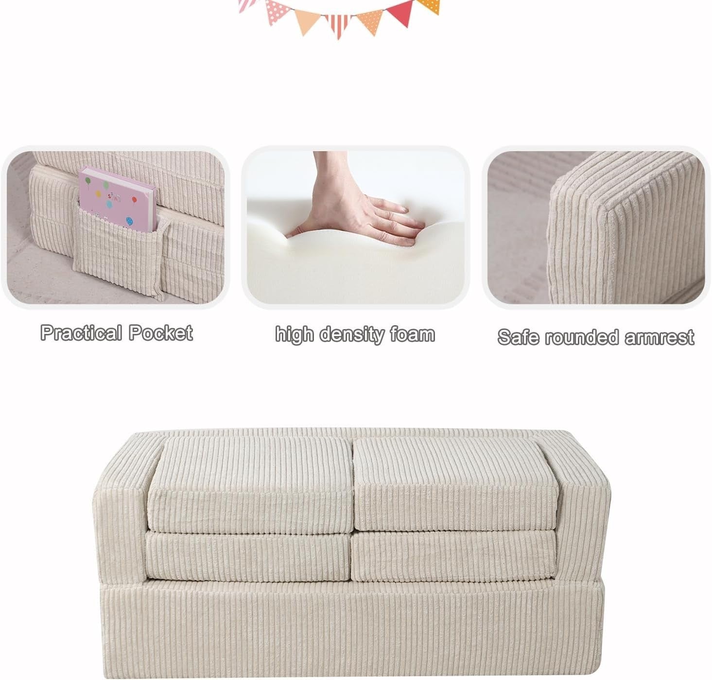 Ultra-Soft Kids Sofa Bed with Cushions, 2-Seater Foam Sofa for Toddlers Beige