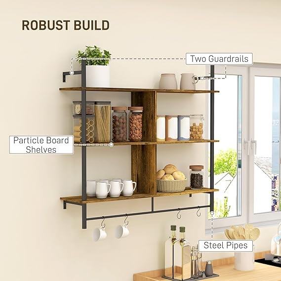 Rustic Ladder Wall Shelf 3-Tier Display Unit with Hooks 104cm Floating Rack