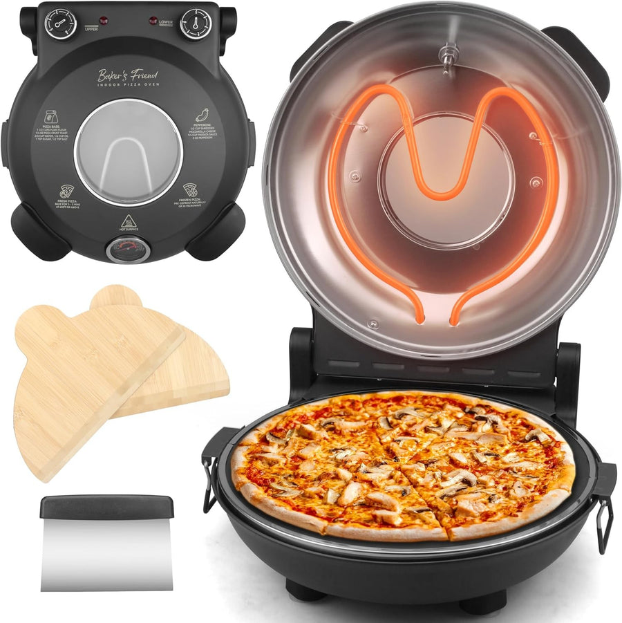12" Electric Pizza Maker | Indoor Kitchen Oven with Ceramic Stone & Paddle