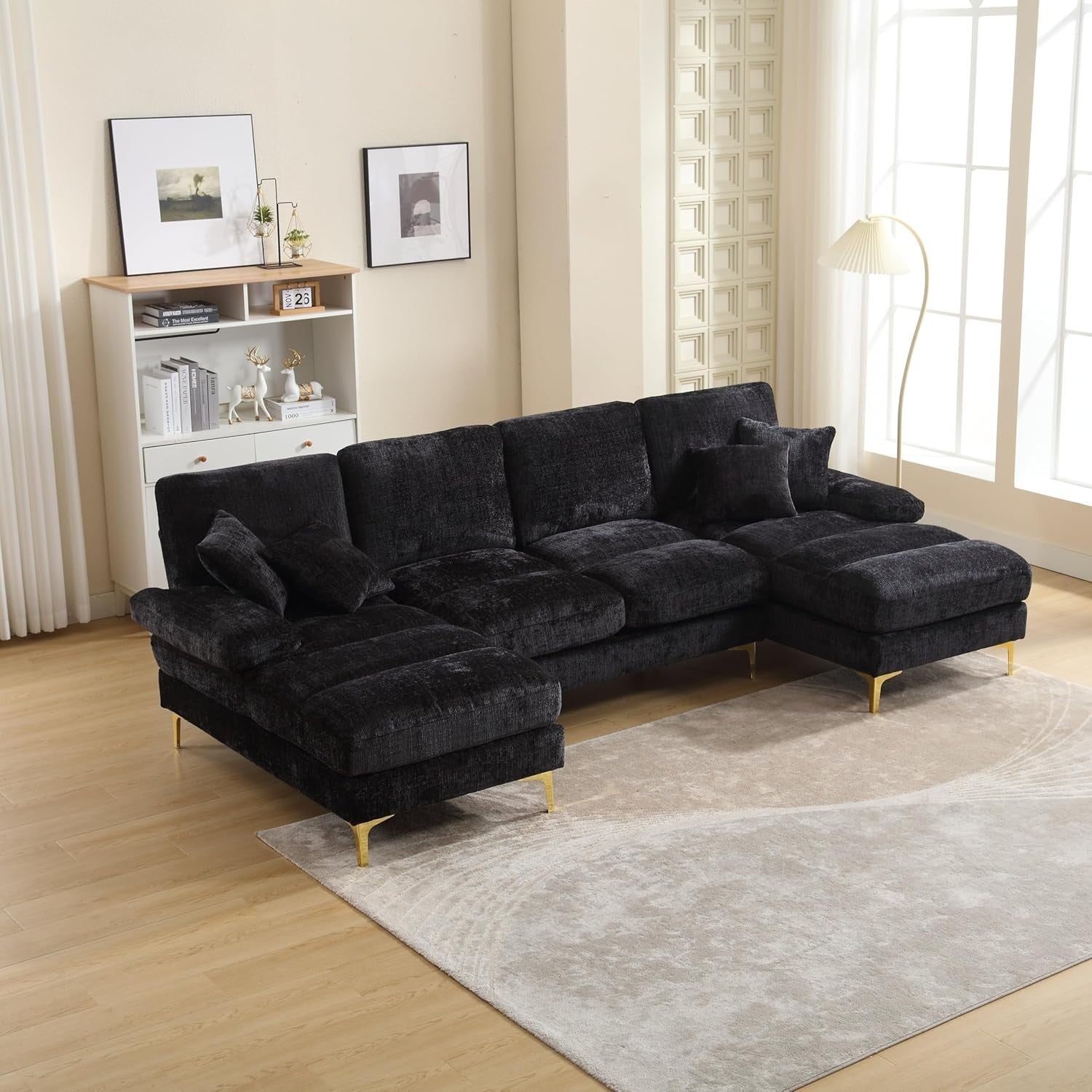 4 Seater U-Shaped Sofa Black Chenille Sectional with Double Chaise & 4 Pillows