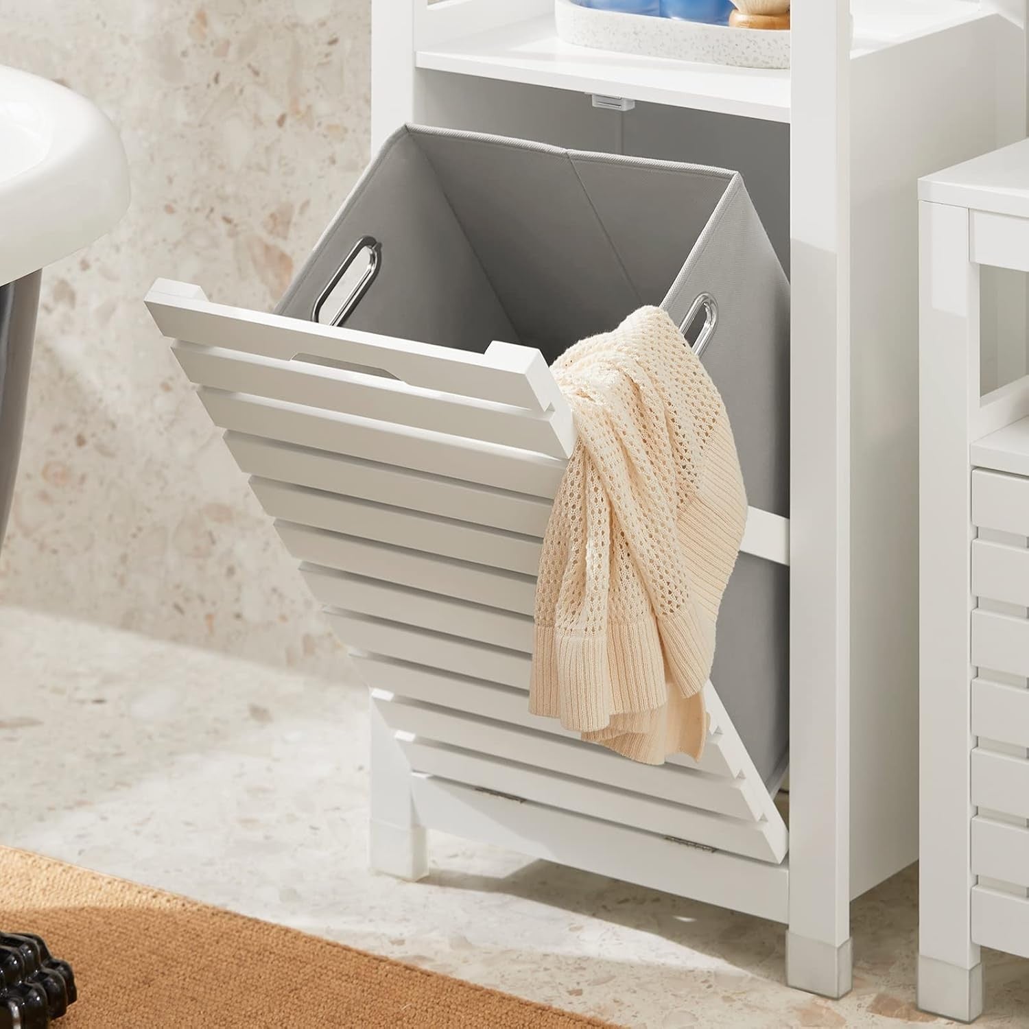 Bathroom Cabinet with Laundry Basket White Compact Storage Unit Shelf