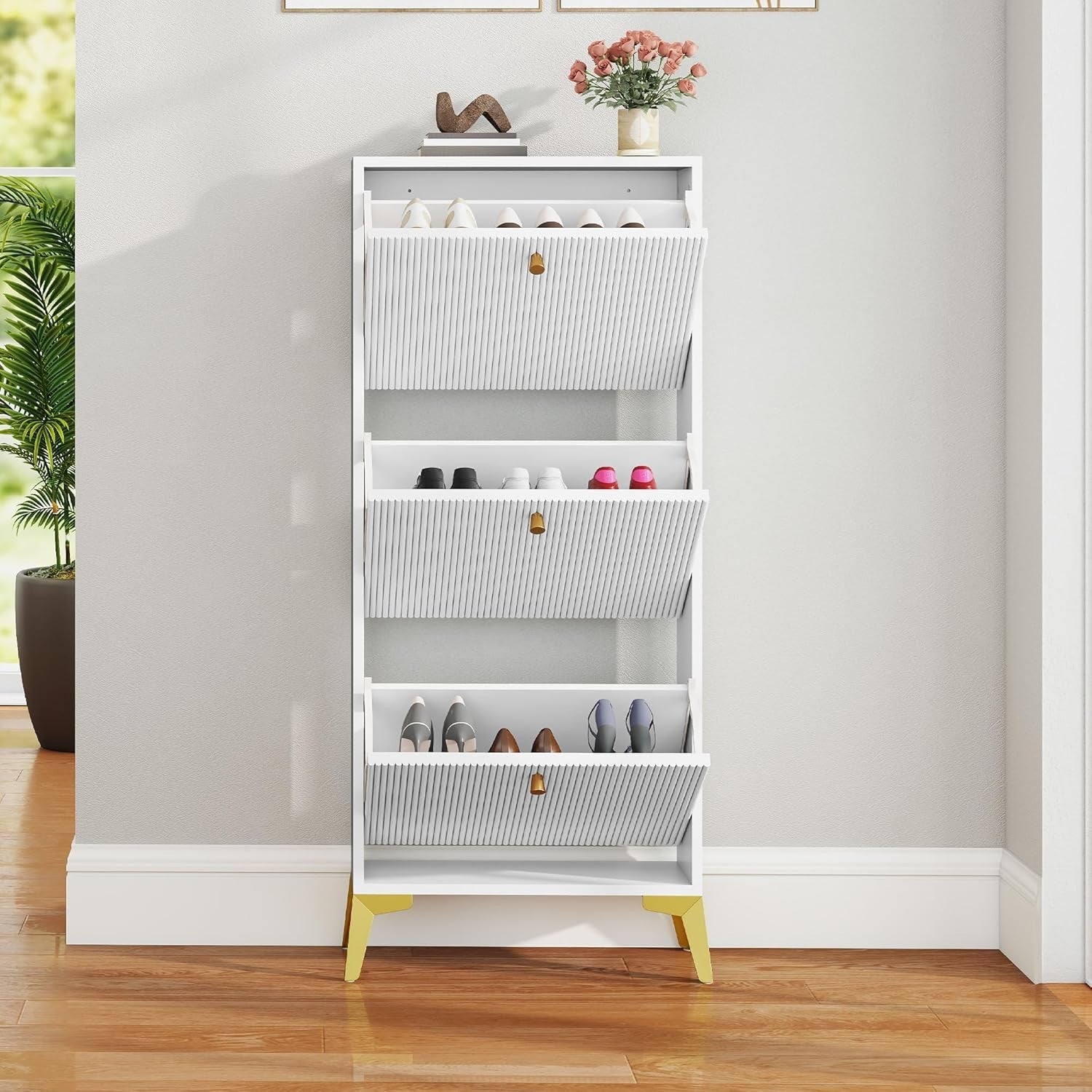 Slim White Shoe Cabinet with 3 Flip Drawers & Adjustable Dividers, Space-Saving