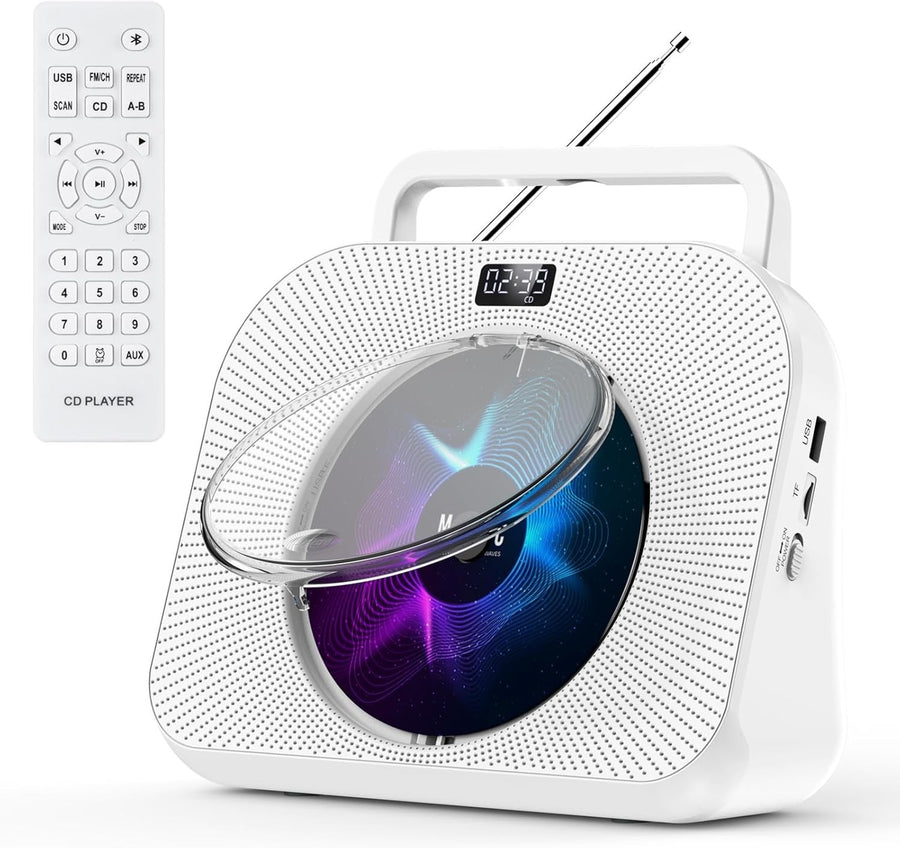 Bluetooth CD Player FM Radio USB TF AUX Sleep Timer Remote White