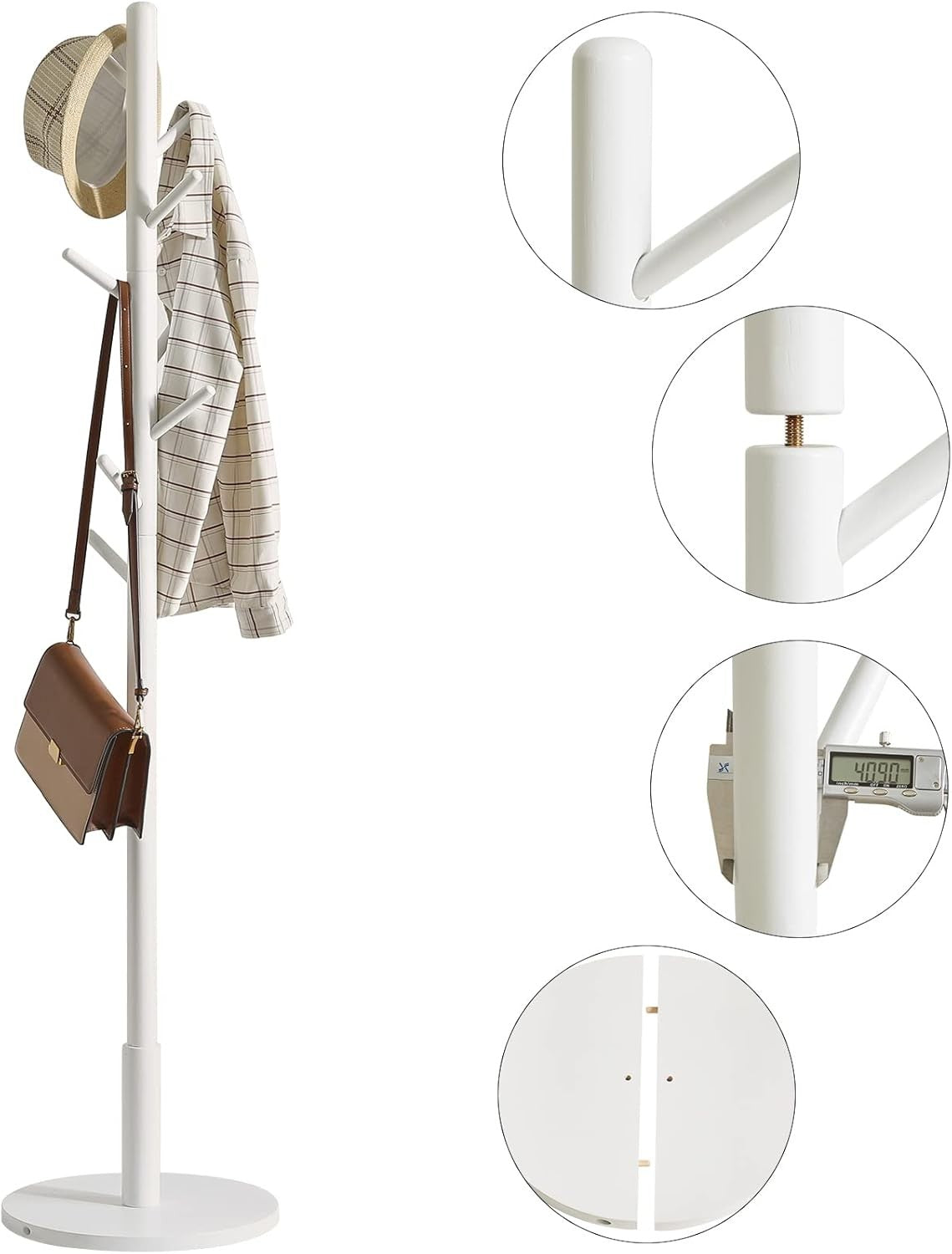 White Wooden Coat Rack Stand | 8 Hooks Round Base Hall Tree for Clothes Hats