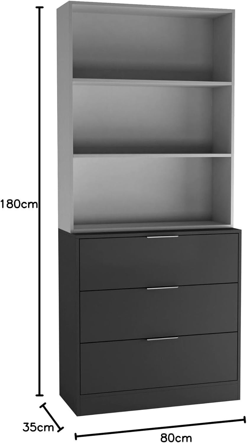 80cm Black Chest of Drawers & Grey Bookcase – Tall Wooden Storage Cabinet