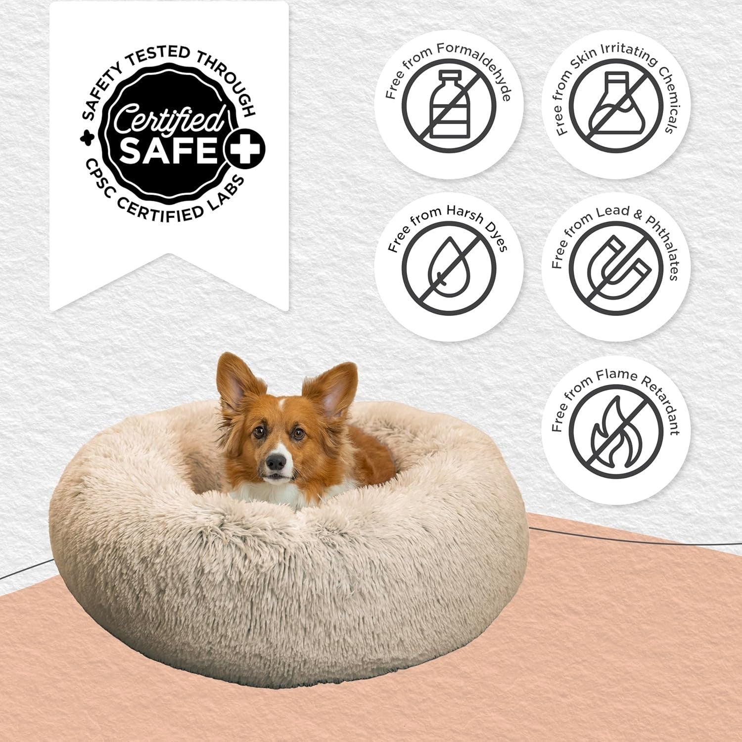 Calming Donut Dog Bed 30x30 Shag Fur Anti Anxiety Medium Taupe
