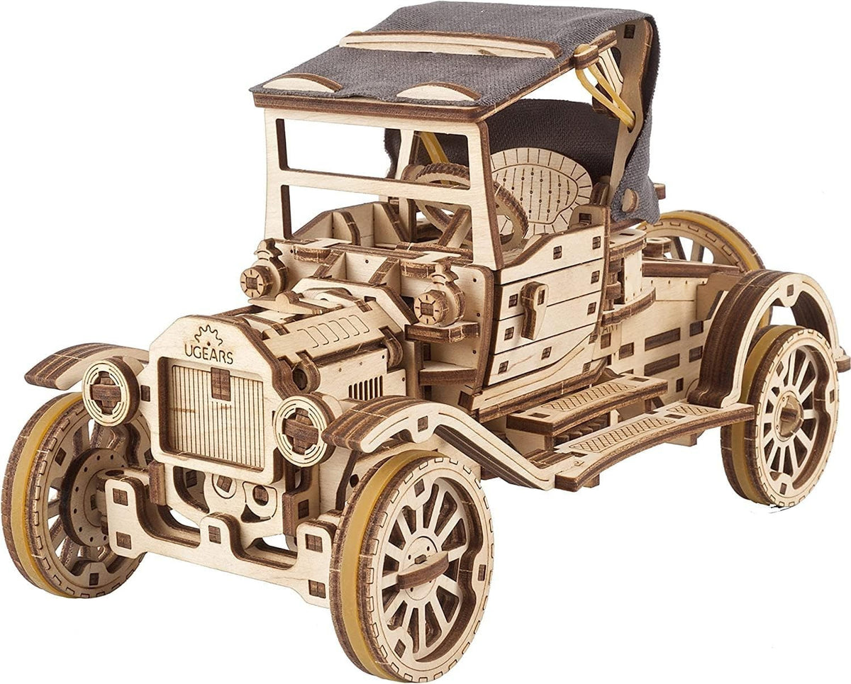 Vintage 3D Wooden Model Car Kit with Folding Roof & Working Engine Puzzle