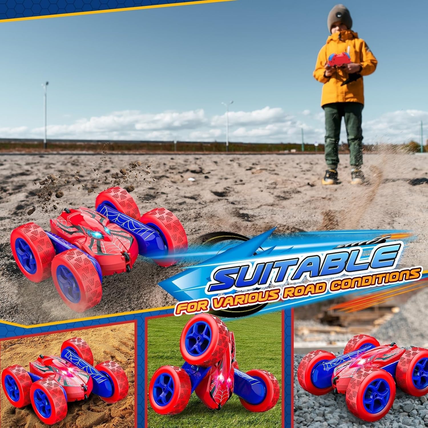 4WD RC Stunt Car 360° Flip LED Rechargeable Toy for Boys Age 3–10
