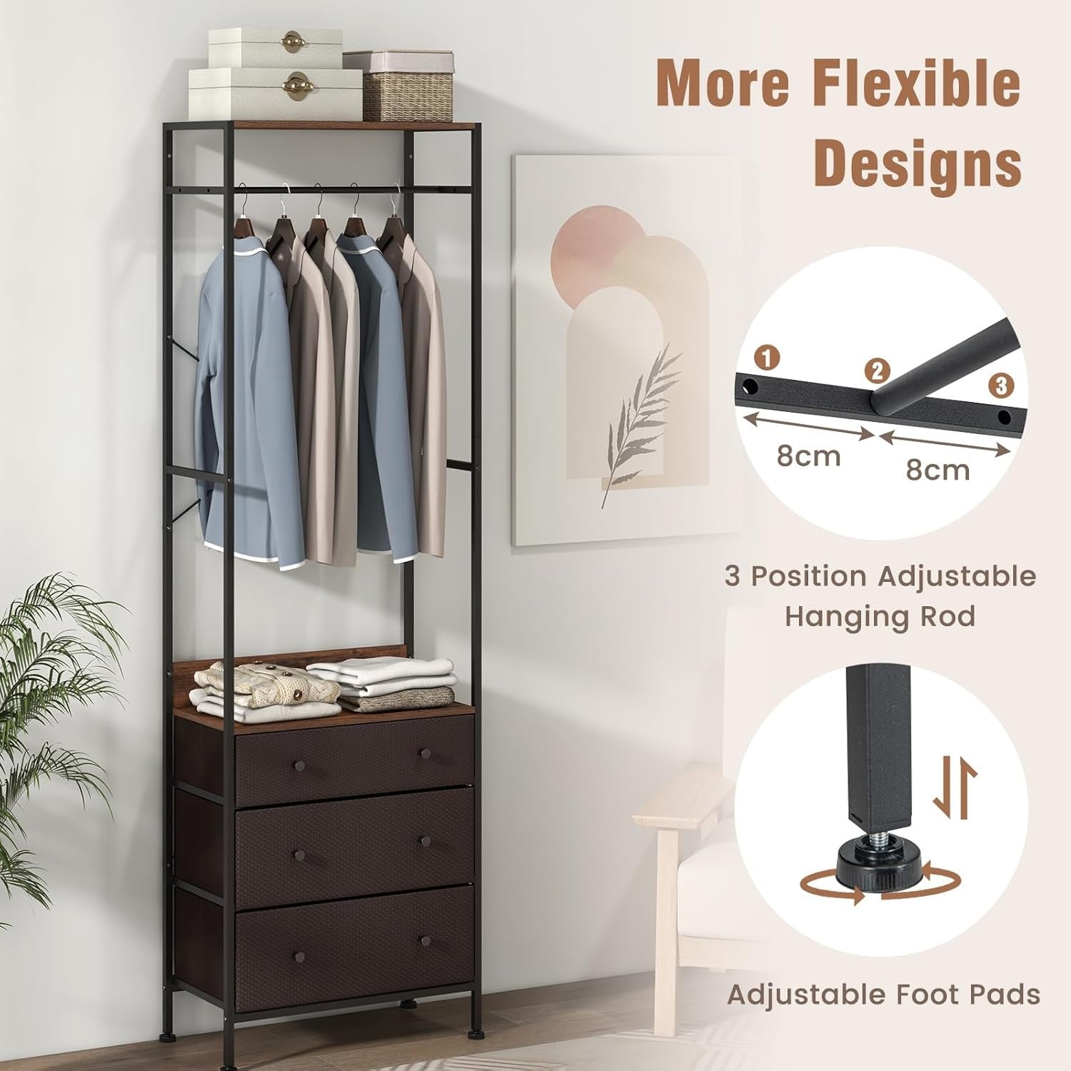 Clothes Rail with 3 Drawers 3-Level Hanging Shelf Brown