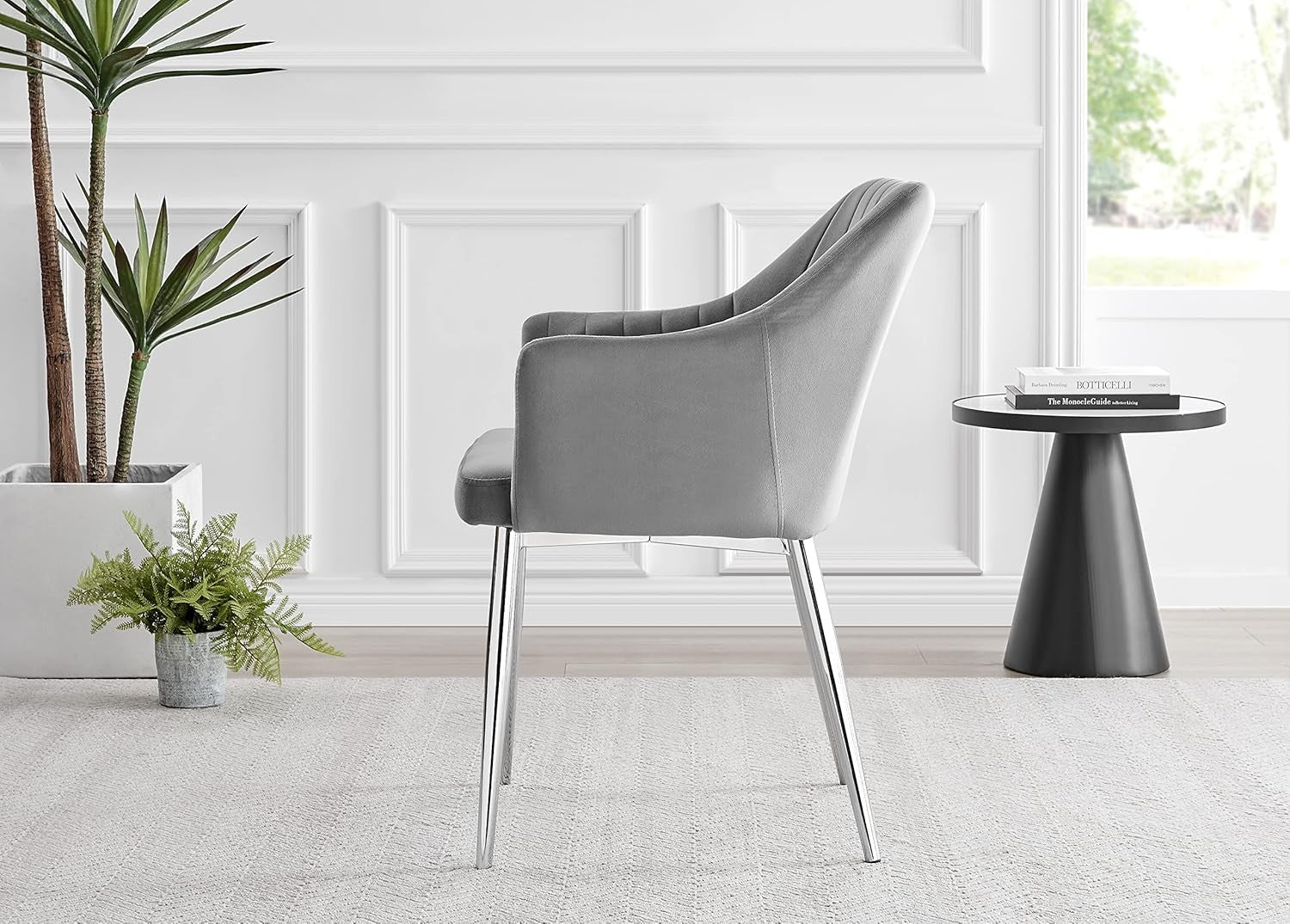 Grey Velvet Dining Chairs Set of 2 High Arm Chrome Legs