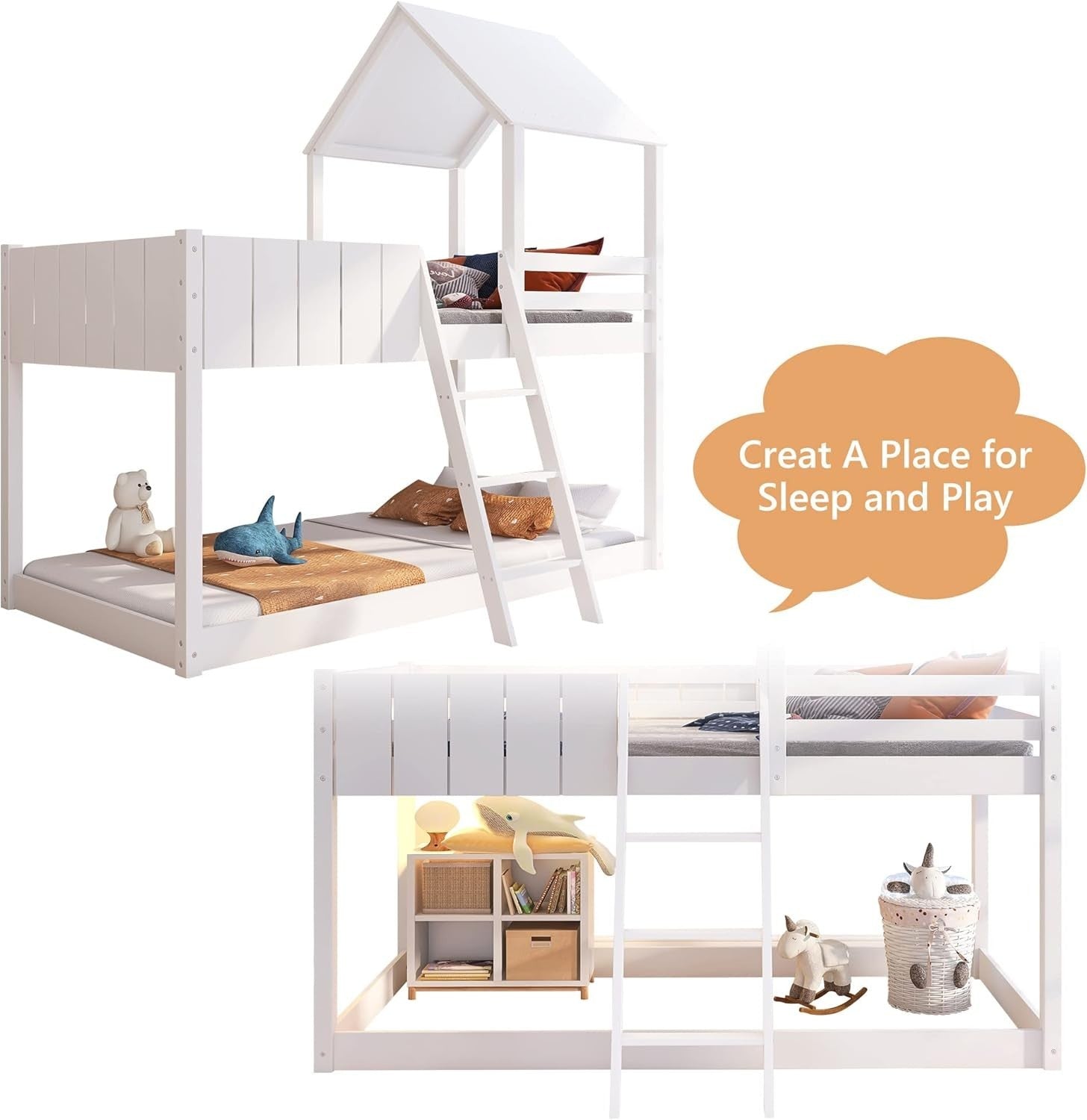 White Wooden Bunk Bed with Ladder, Guard Rail & Treehouse Mid Sleeper 3FT