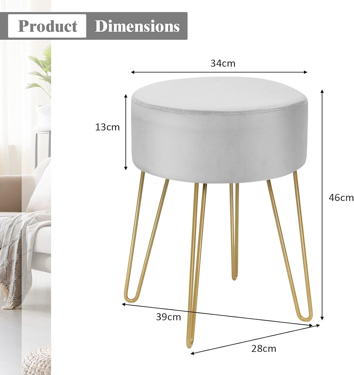 Grey Velvet Round Footstool Modern Dressing Table Stool with Metal Legs