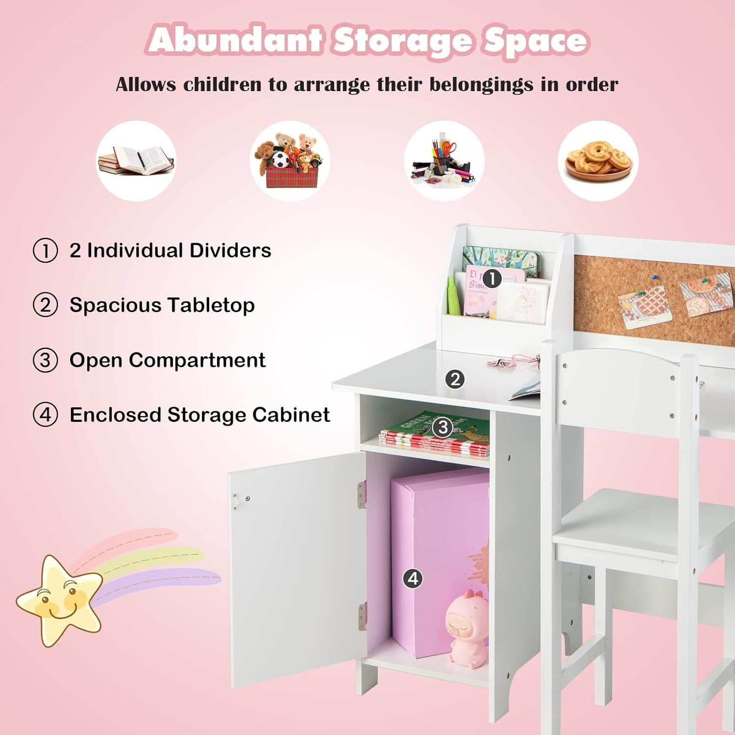 Kids Study Desk & Chair Set with Storage Cabinet, Cork Board, Ergonomic Design