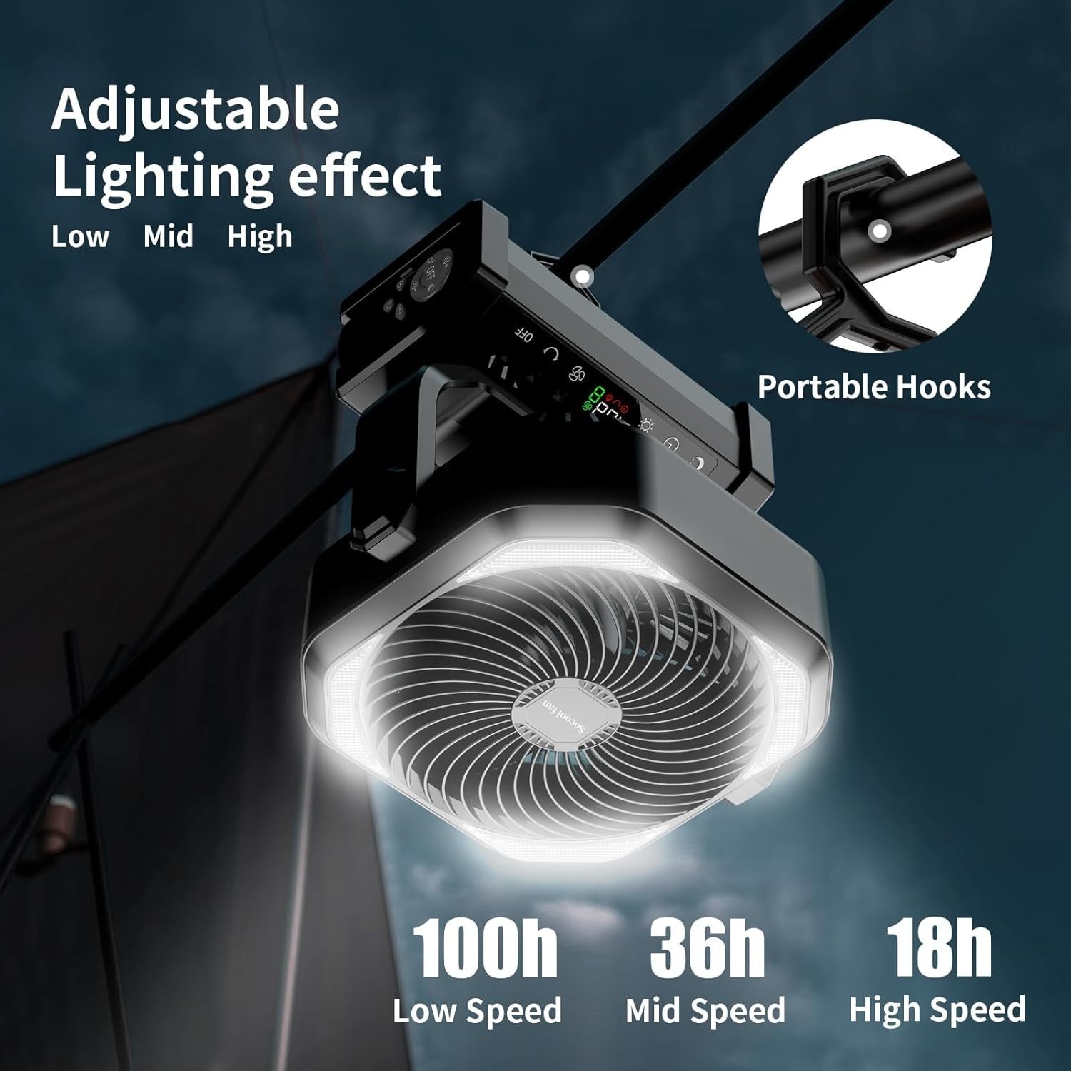 Camping Fan w/ Light – 9-Speed Rechargeable 20000mAh Fan w/ Timer & Remote