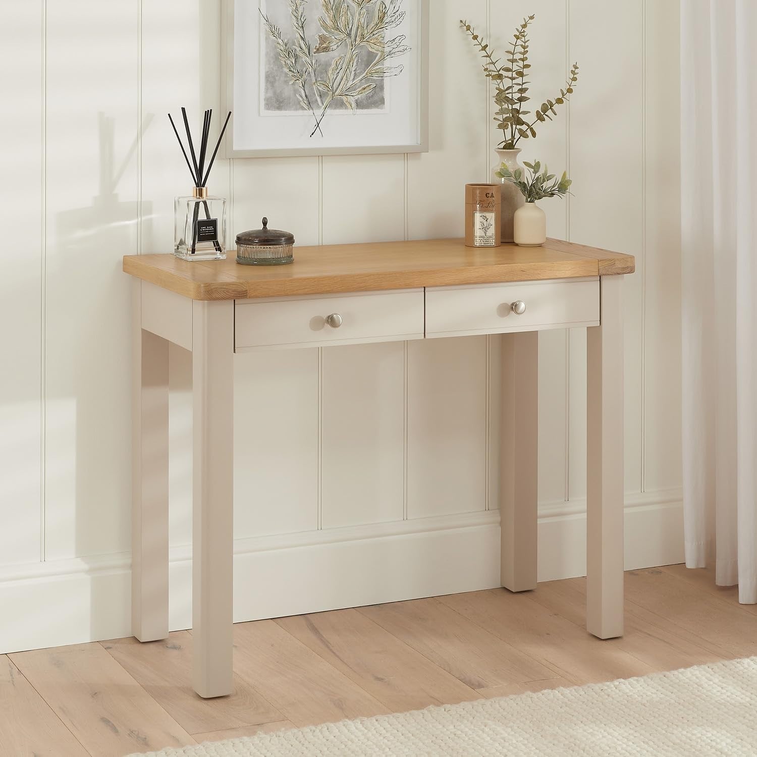 Putty Grey Wood Desk Dressing Table 2 Drawer Home Office Vanity Storage