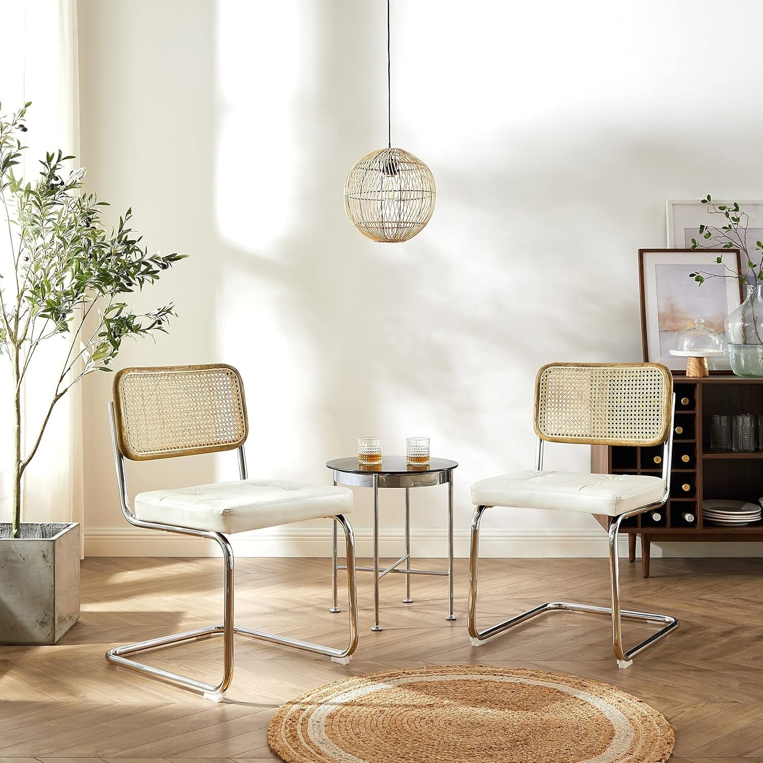 Set of 2 Cane Back Dining Chairs Faux Leather Seats Chrome Legs Off White