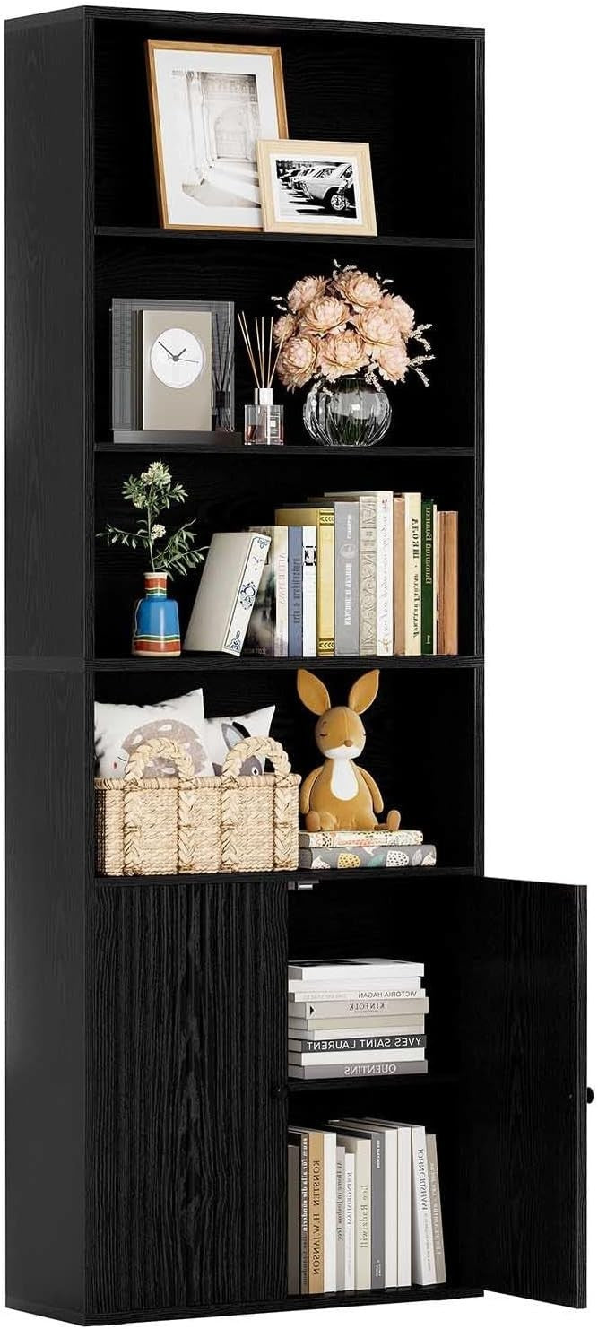 6-Tier Tall Bookshelf with Doors, Space-Saving Storage & Cabinet, Black