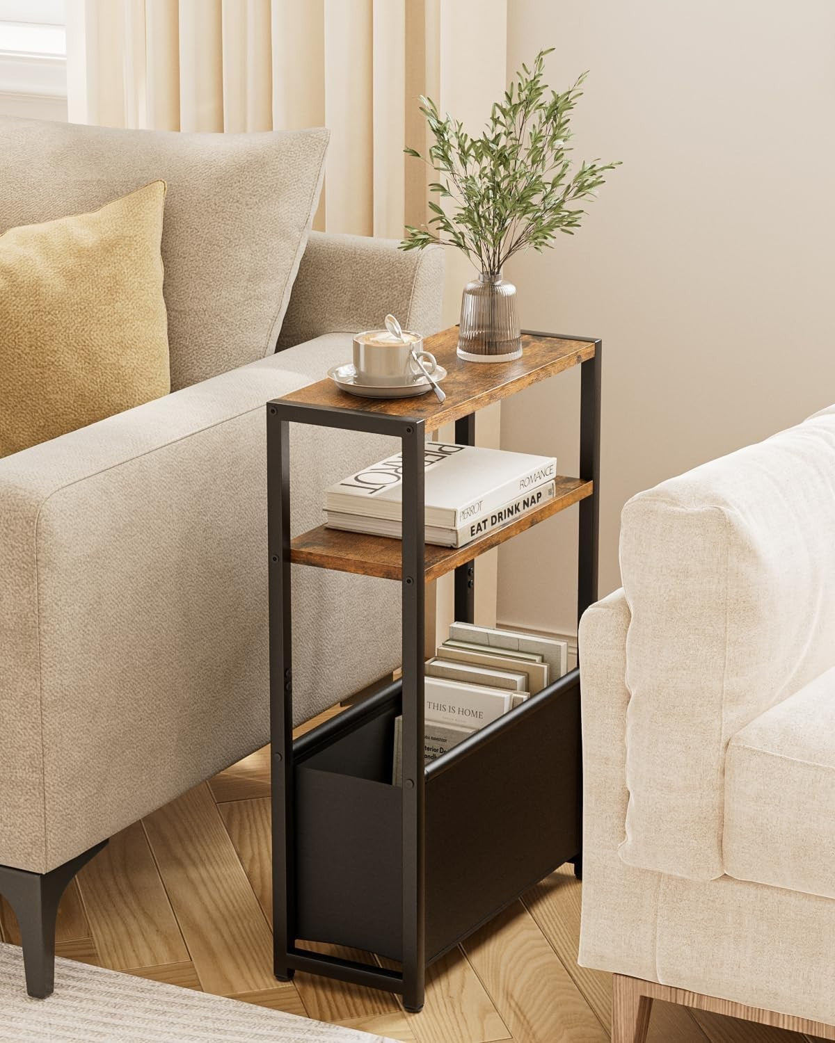 Slim Side Table with Storage Basket, Rustic Brown, Space-Saving Design