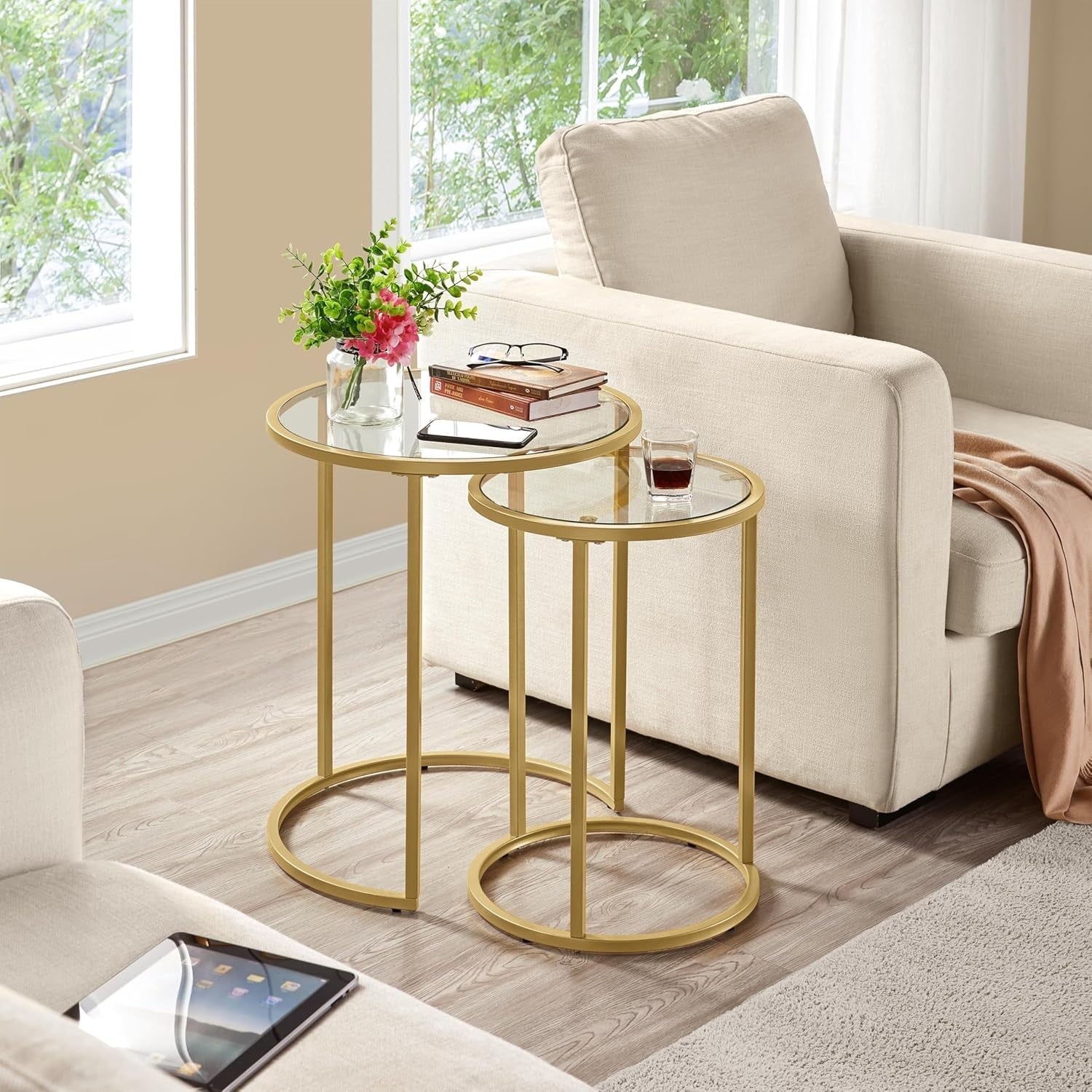 Gold Round End Table Set of 2 Modern Glass Nesting Coffee Side Tables Small Spac