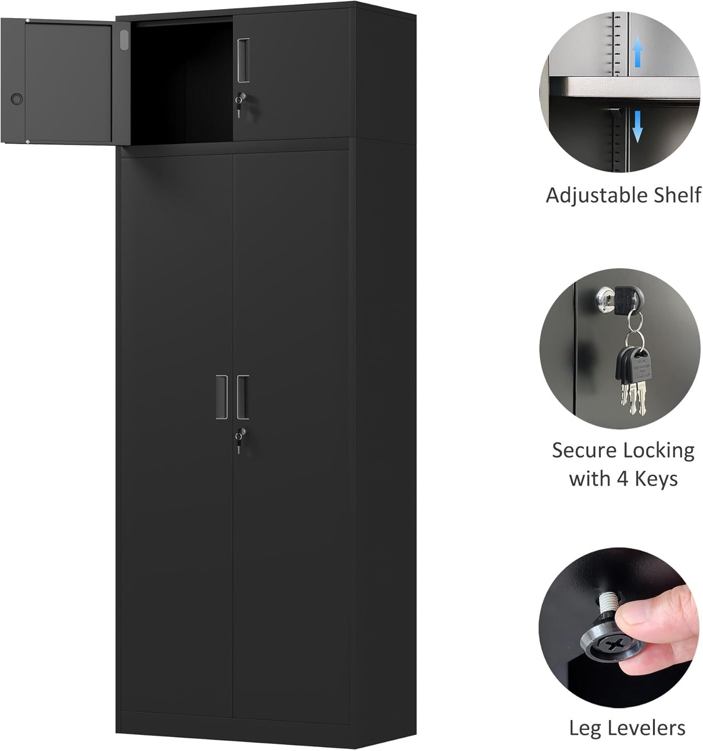 Tall Lockable Steel Storage Cabinet with Shelves, 220cm Metal Cupboard