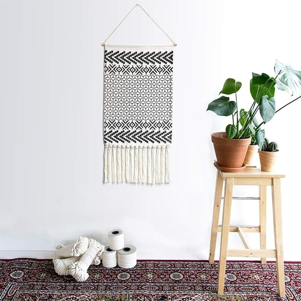 Boho Macrame Wall Hanging Black White Geometric Tapestry Decor
